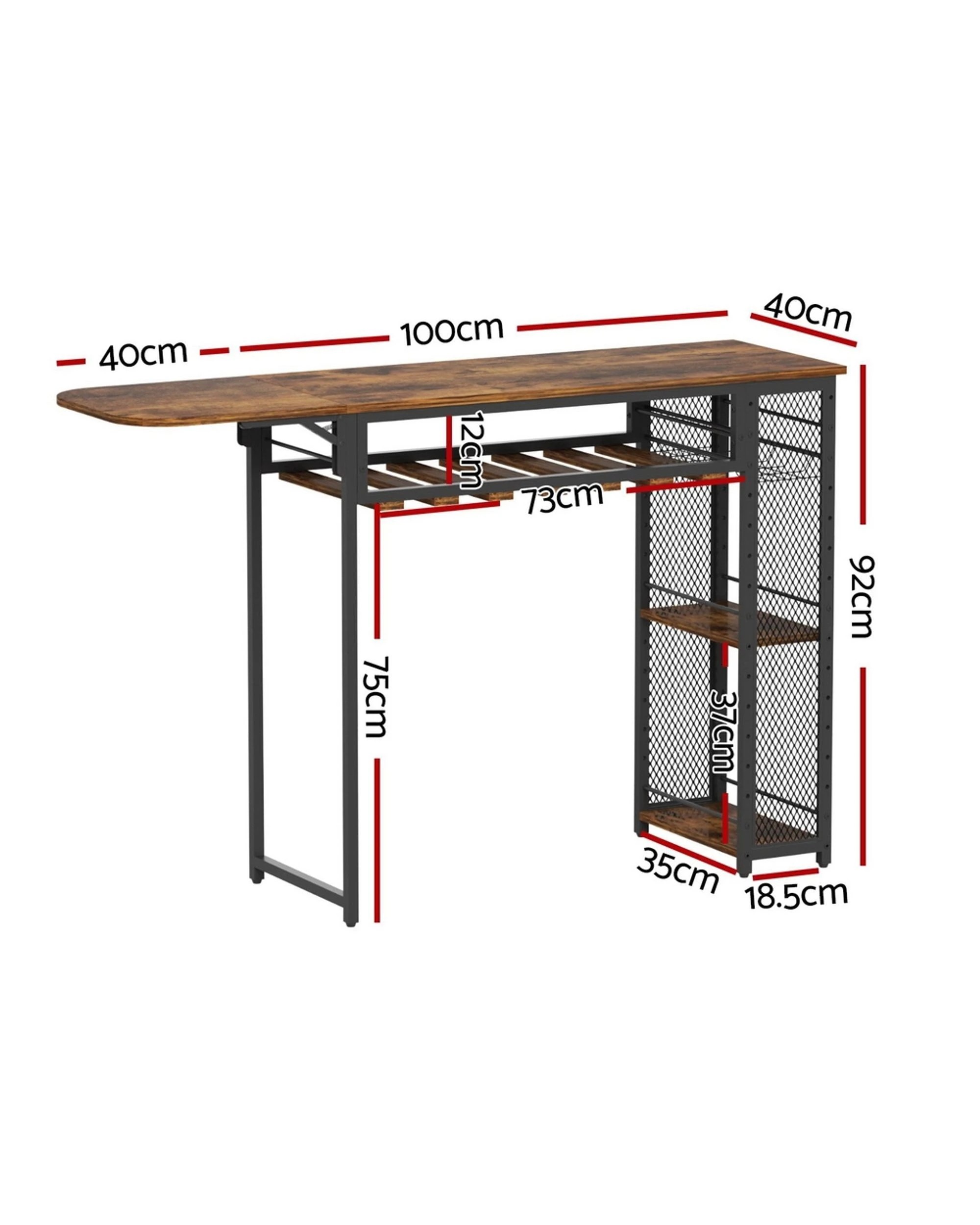 2 Artiss Industrial Bar Table with Wine Rack Built-in Cup Holder Extendable 140cm - Brown, 2 of 8
