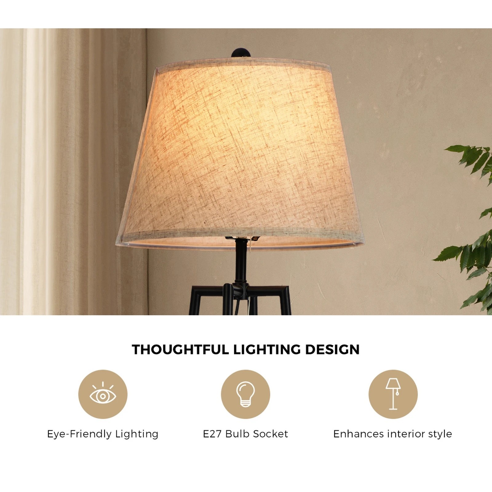 2 Oikiture Floor Lamps Fabric Shade Standing Lamp with Display Shelf - Black, 2 of 8