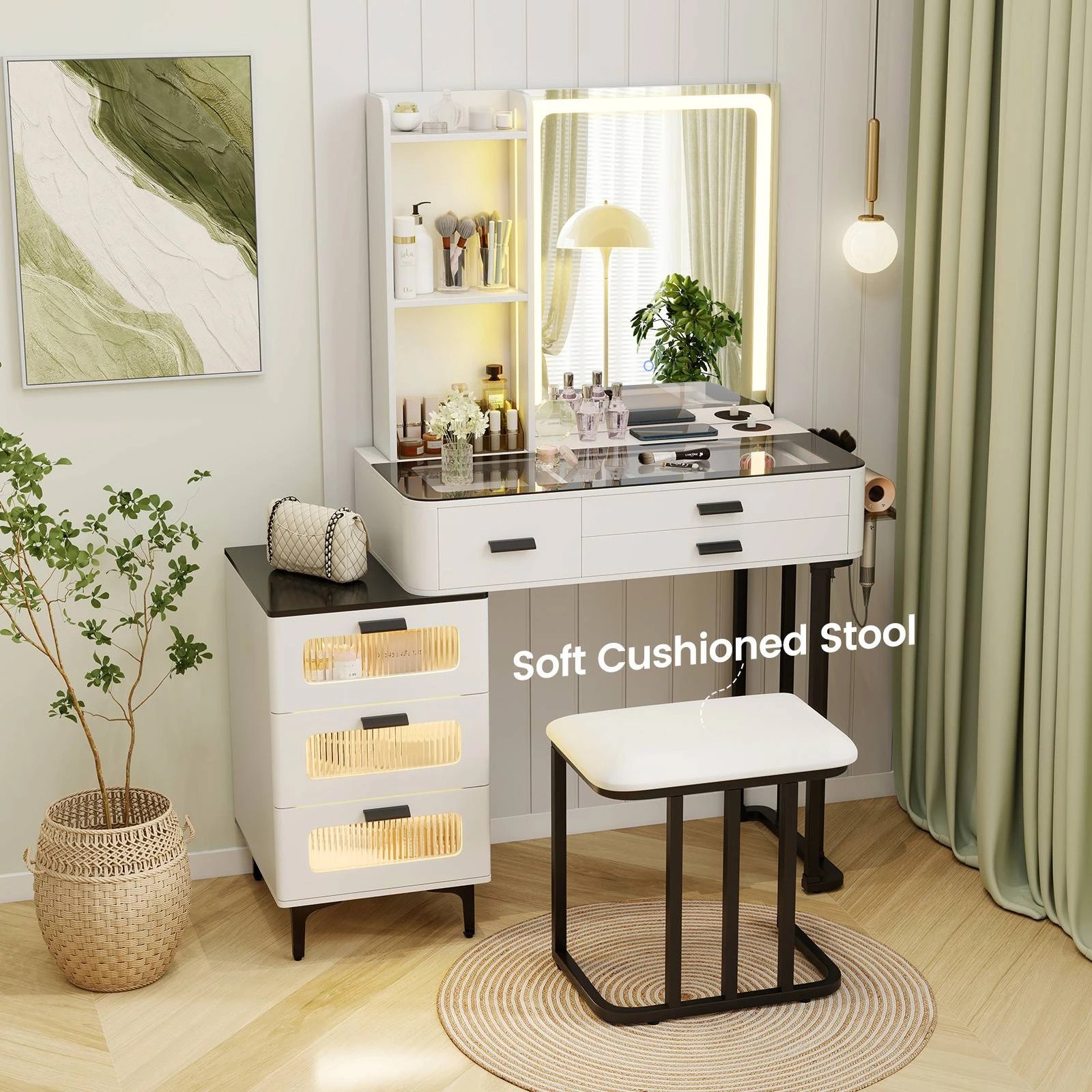 2 Costway Dressing Table Stool Set w/Vanity LEDs Mirror Power Outlets, 2 of 9