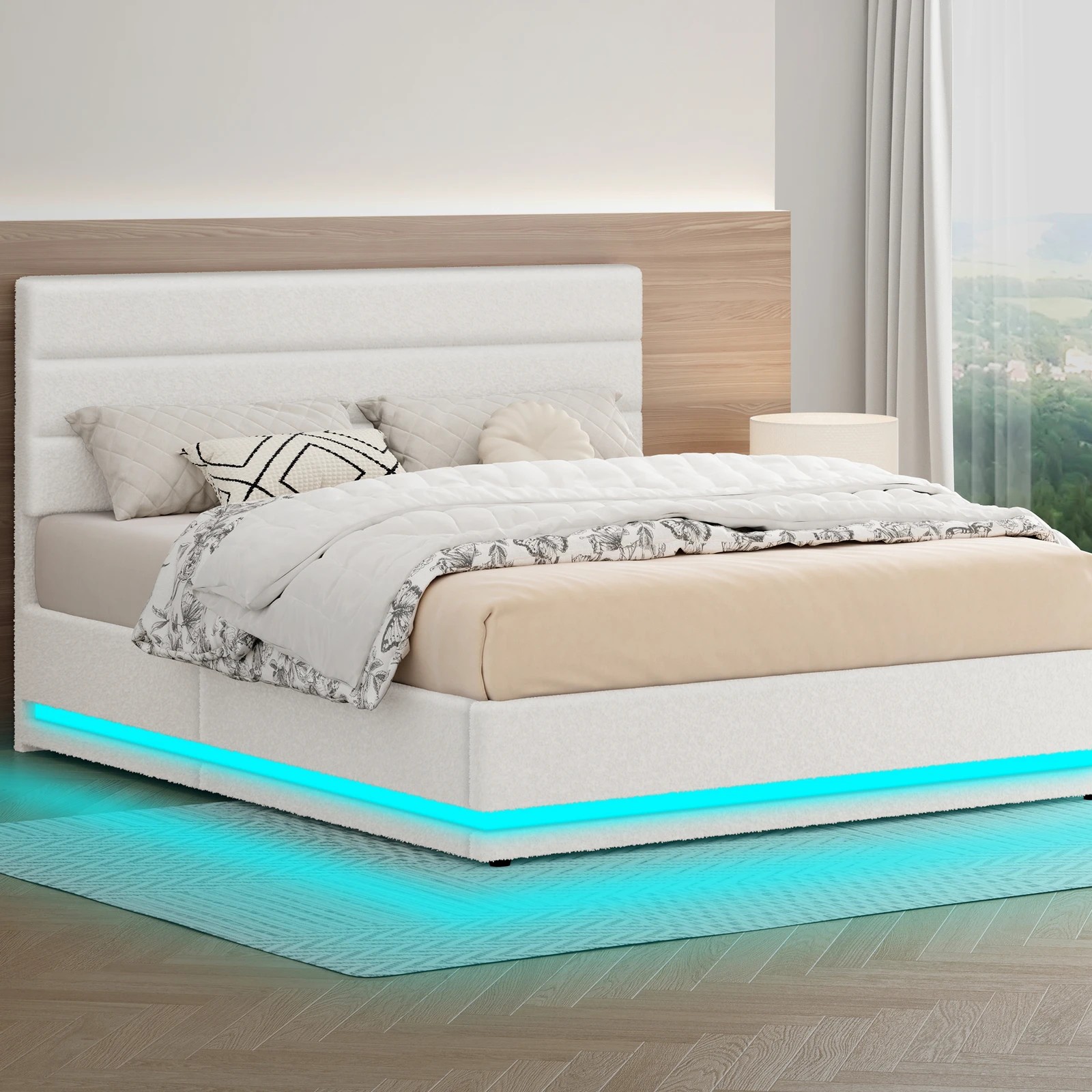 2 Alfordson Bed Frame Queen Size Platform RGB LED Gas Lift Base Storage Boucle - White, 2 of 10