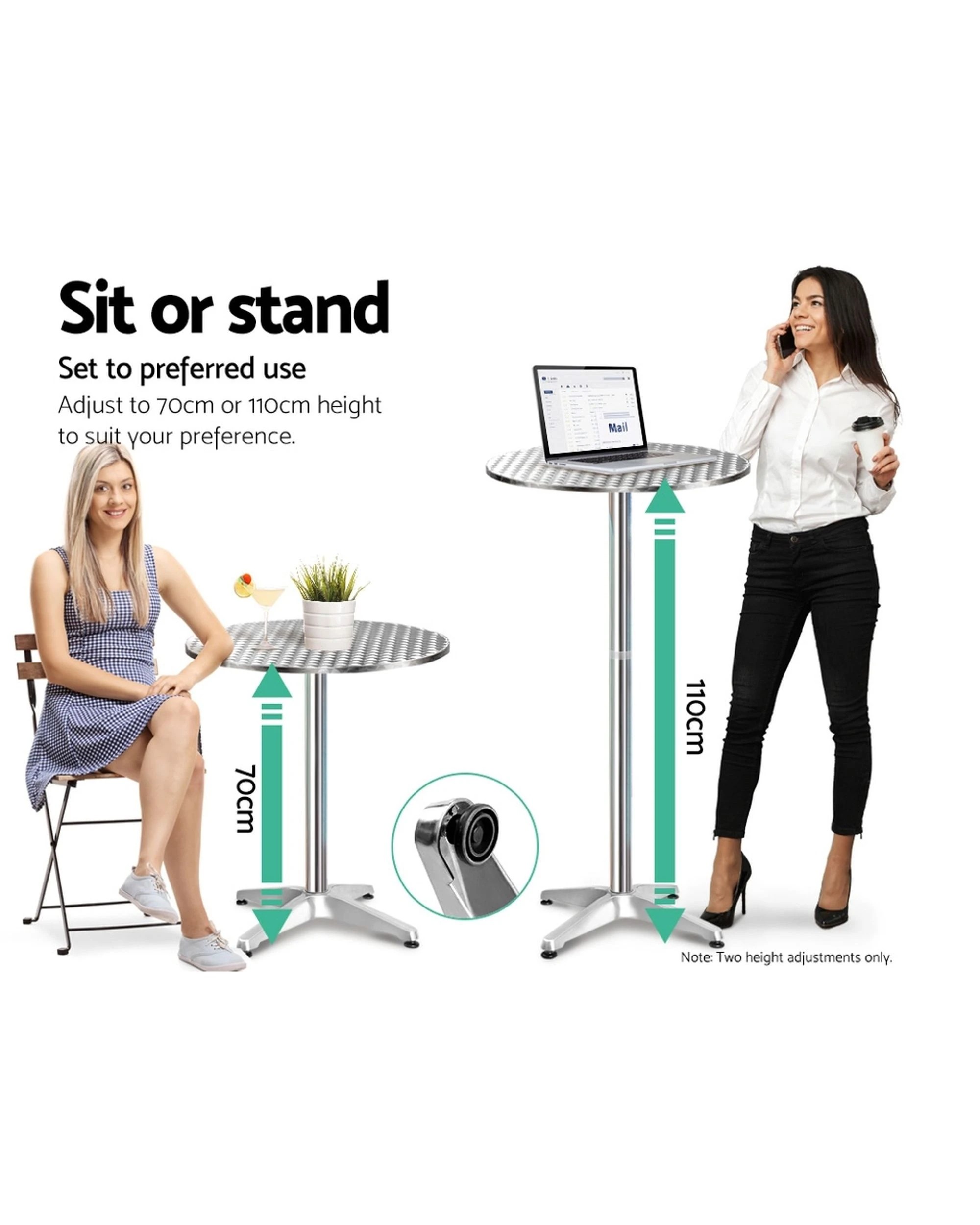 2 Gardeon Outdoor Bar Table Adjustable Aluminium Round 70/110cm - Silver, 2 of 6