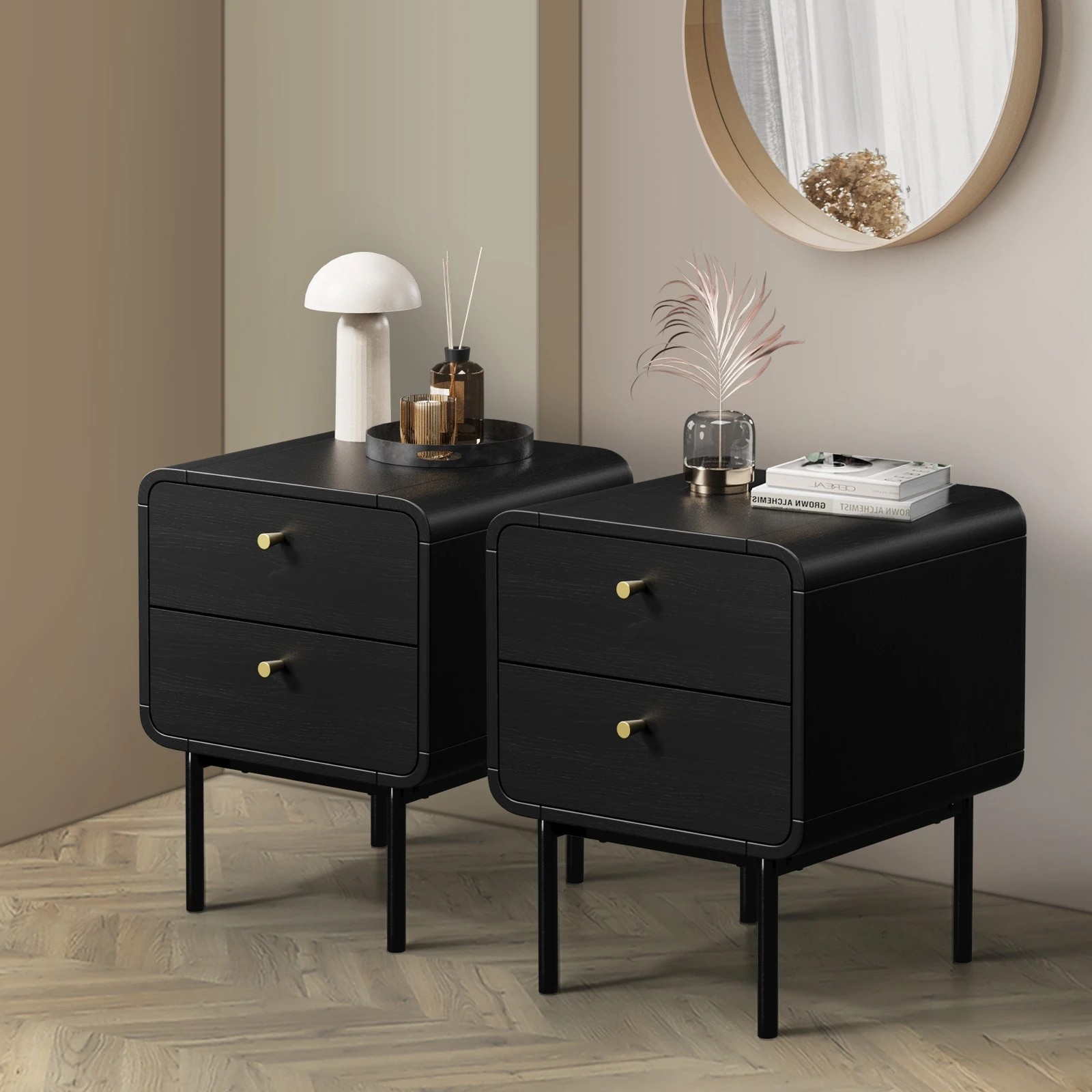 3 Oikiture 2x Bedside Table 2 Drawers Side Table Bedroom Nightstand Metal - Black, 3 of 7