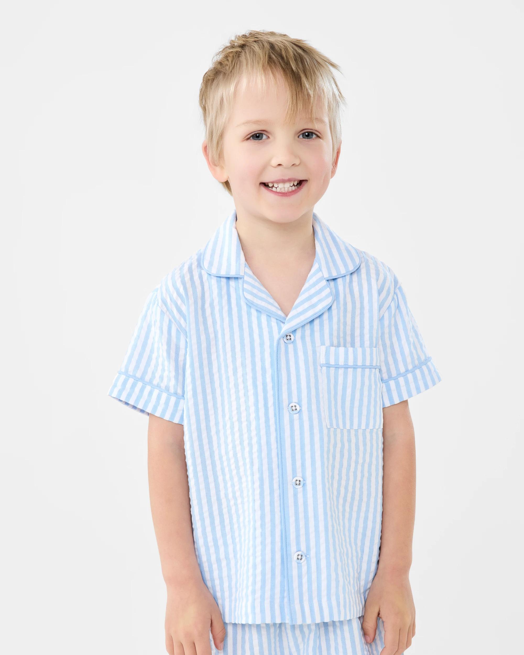 1 Textured Button Through Pyjama Set Stripe, 1 of 7