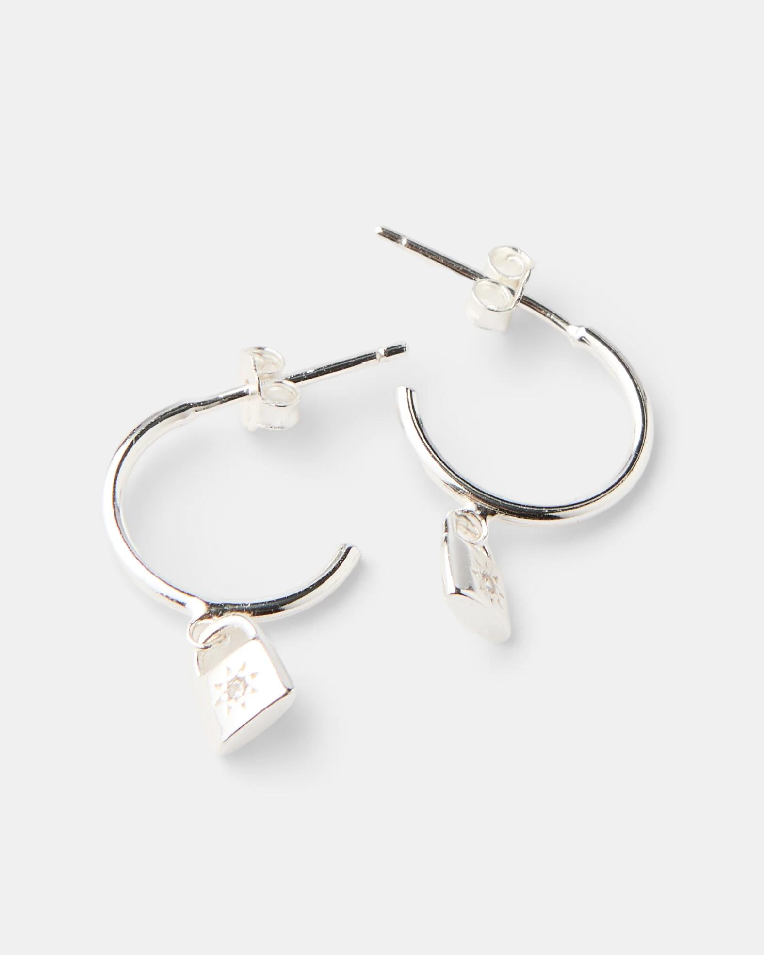 3 Cubic Zirconia Sterling Silver 925 Lock Huggie Earrings Silver, 3 of 4