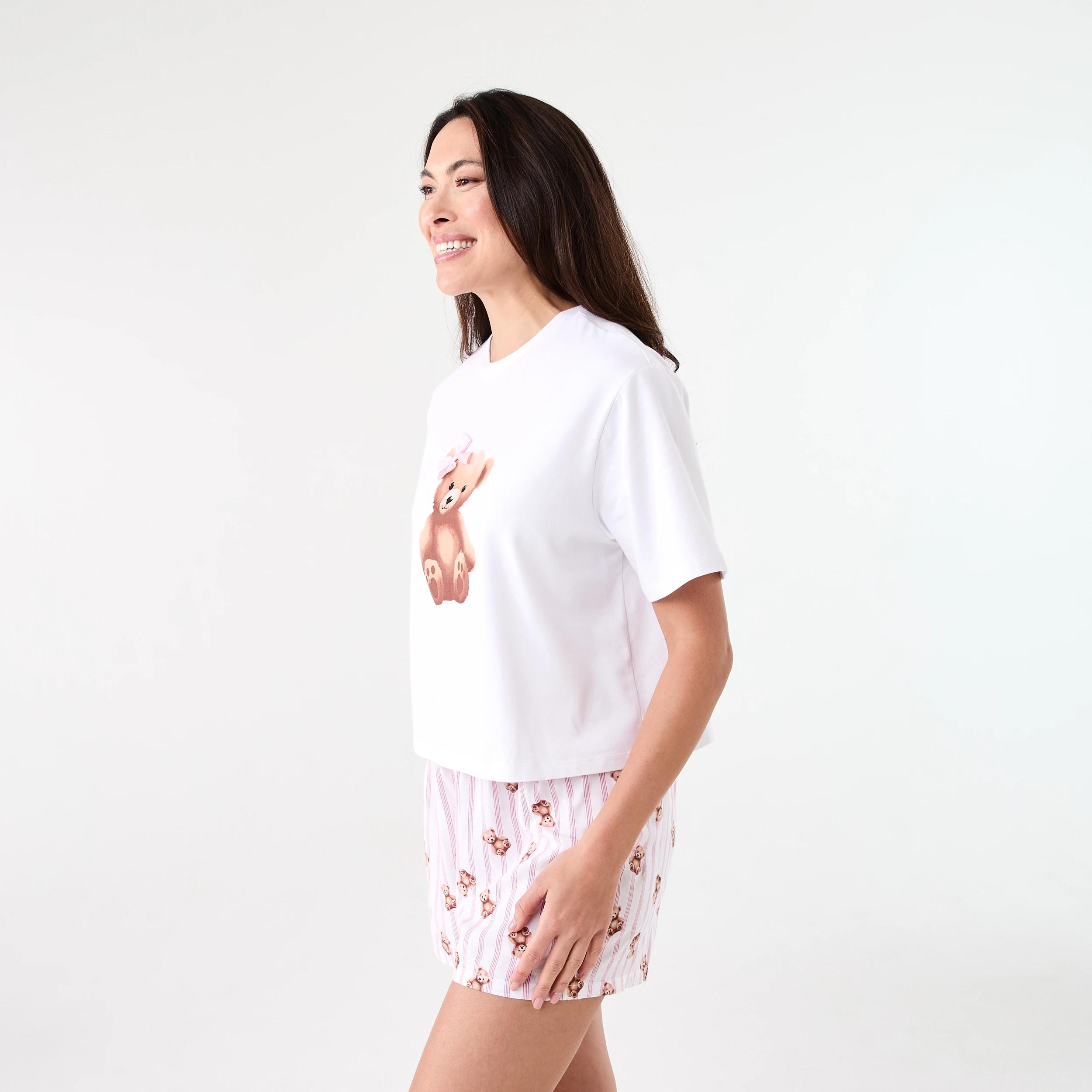 2 Print Knit T-shirt and Woven Shorts Pyjama Set BOW BEAR WHITE, 2 of 8