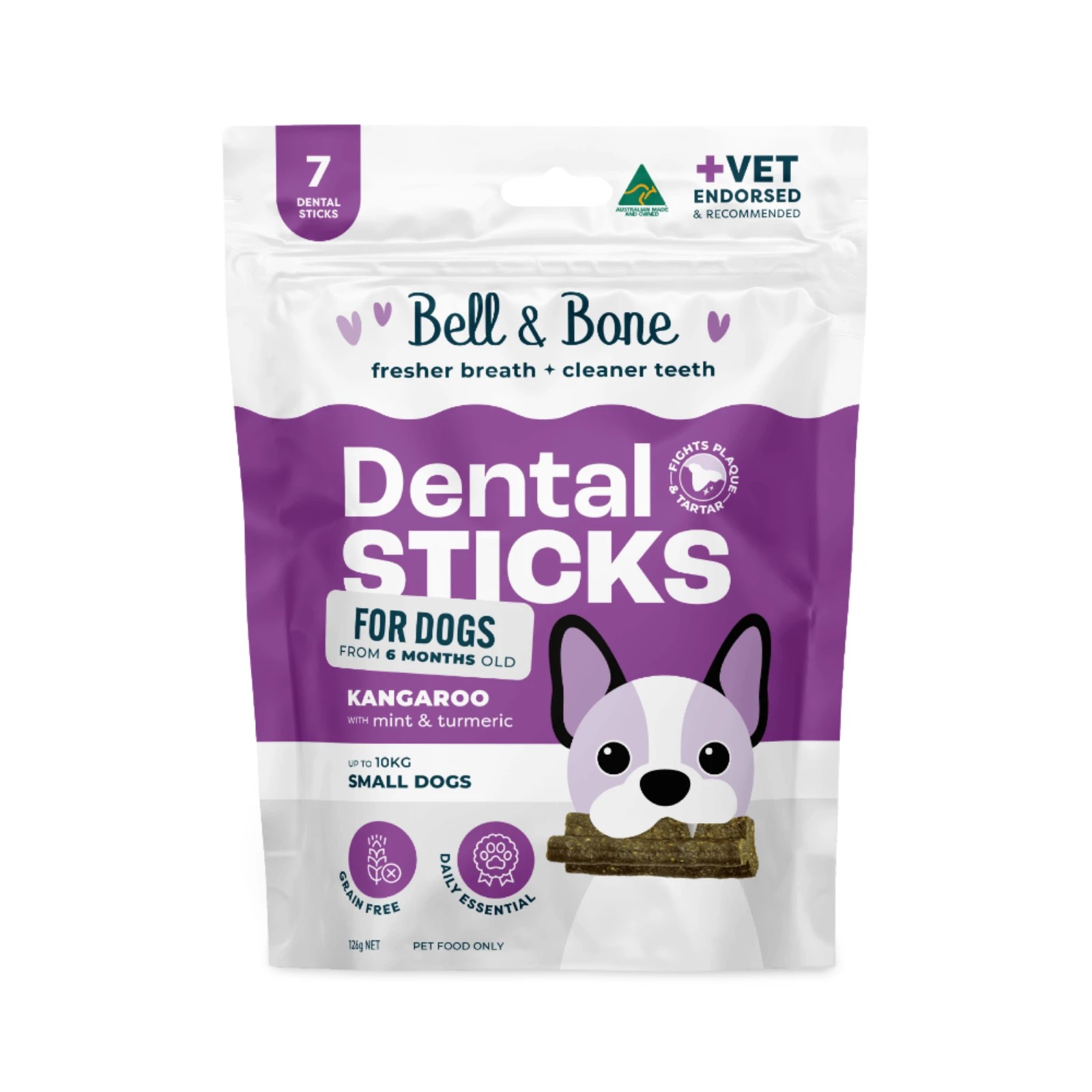 1 Bell And Bone Dental Sticks - Kangaroo And Turmeric Flavour For Dogs - Small, 1 of 2
