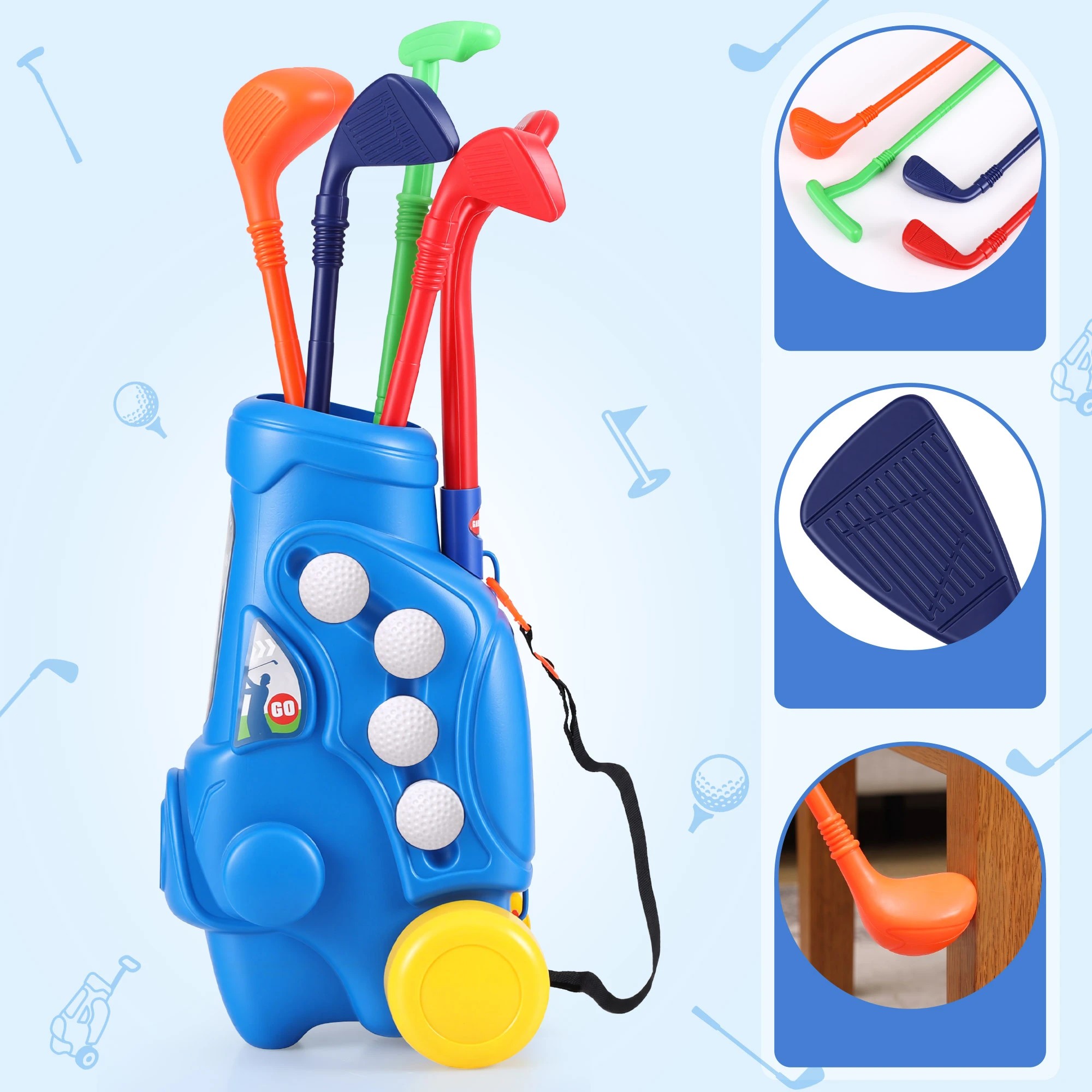 6 Keezi Kids Golf Set with Pull Cart 4 Clubs 4 Balls Indoor Outdoor Mini Golf Game Toy Ages 2-6 - Blue, 6 of 7