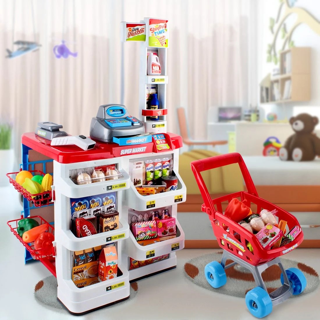 3 Keezi Kids Pretend Role Play Supermarket 24 Piece Playset Cash Register Trolley - Multi, 3 of 6
