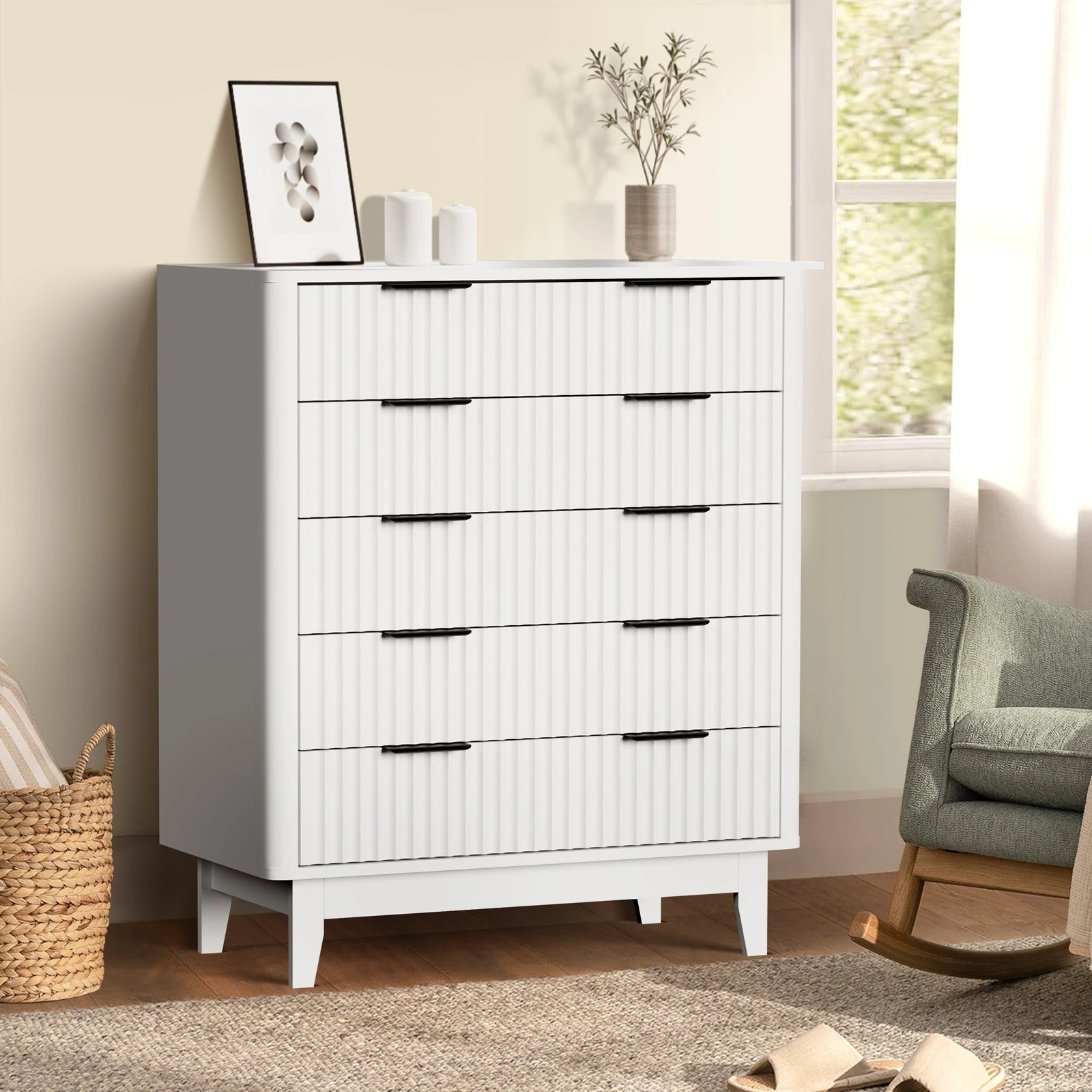 3 Oikiture 5 Chest Of Drawers Storage Cabinet Dressers Tallboy Stripe
 - White, 3 of 9