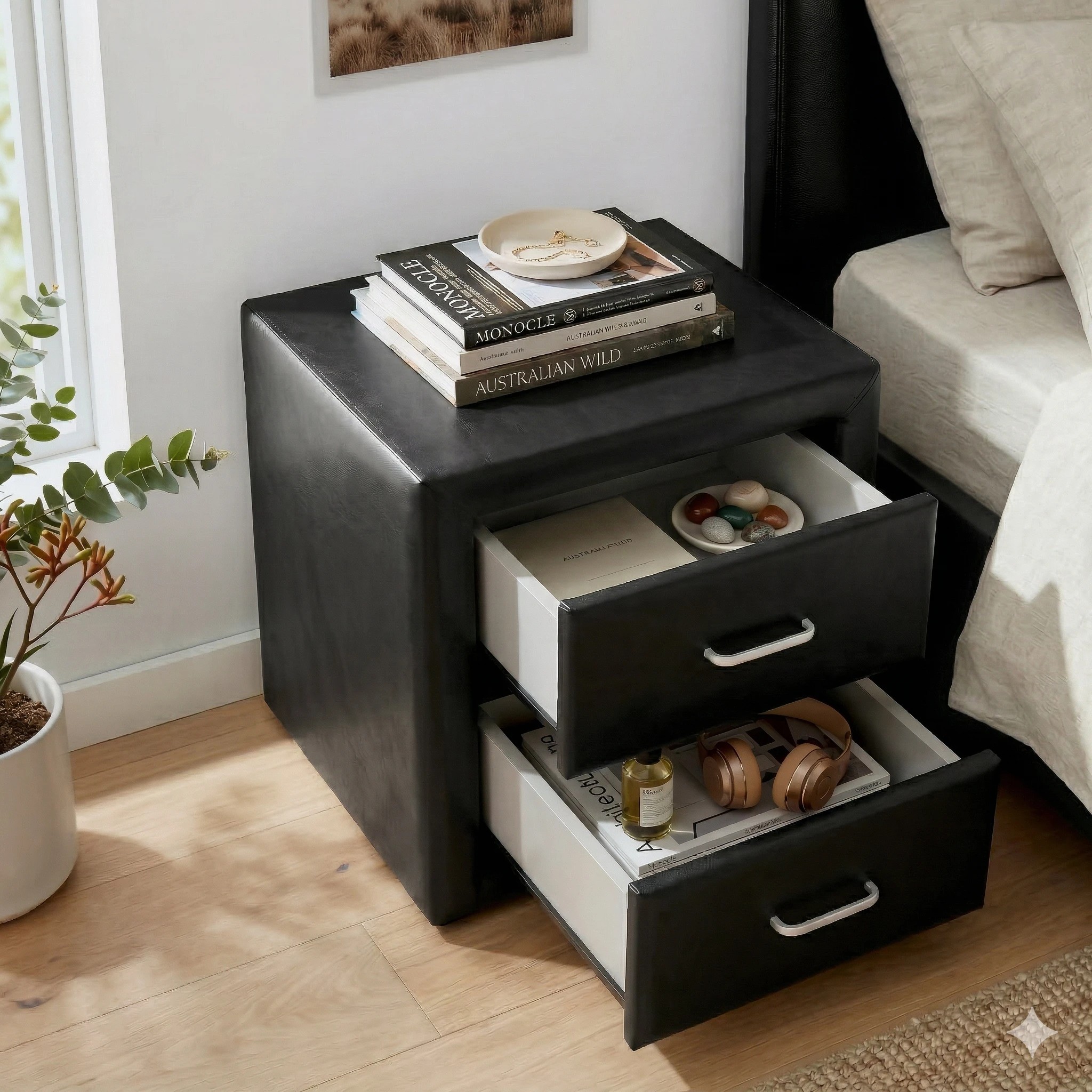 7 Artiss Gas Lift Queen Bed Frame and 2 Bedside Table Set Leather - Black, 7 of 9