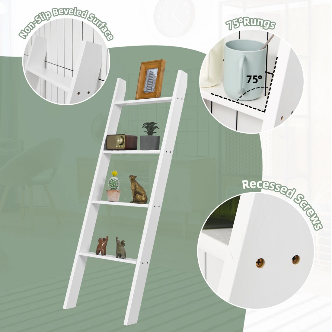 9 Costway 4-Tier Wall Leaning Blanket Ladder Wood Blankets Holder Rack, 9 of 10