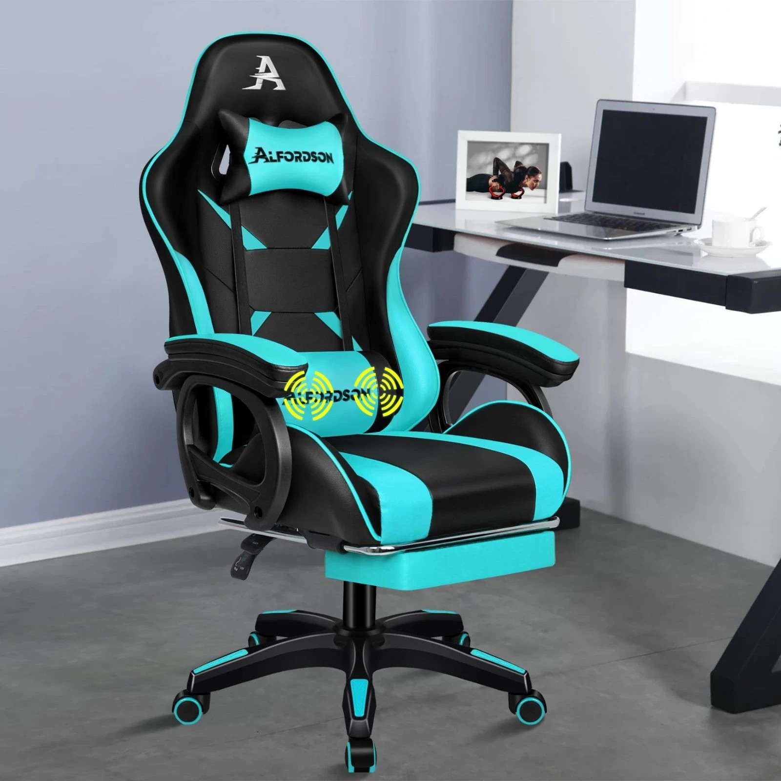 2 Alfordson Gaming Office Chair Massage Racing Computer Seat Footrest Leather - Cyan, 2 of 10