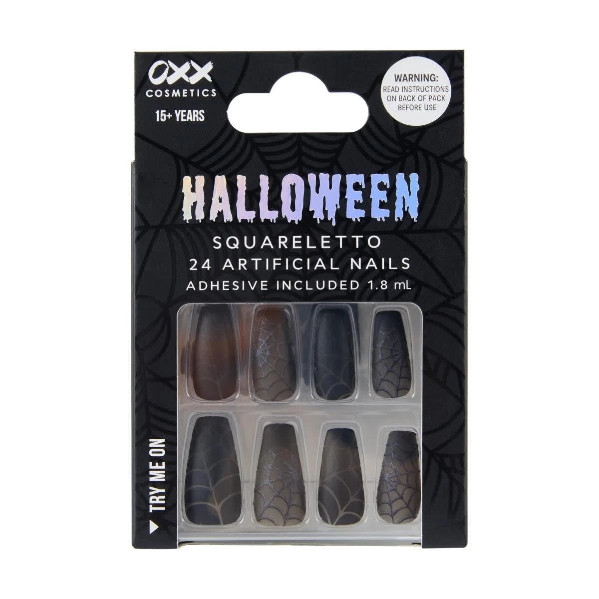 1 OXX Cosmetics Halloween 24 Pack Artificial Nails with Adhesive - Squareletto Shape, Dark Webs, 1 of 4