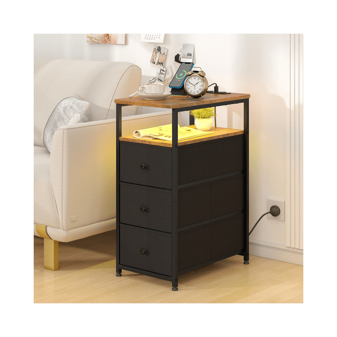 2 Advwin LED End Table Sofa Side Table with Charging Station and Drawers Narrow Bedside Table, 2 of 10