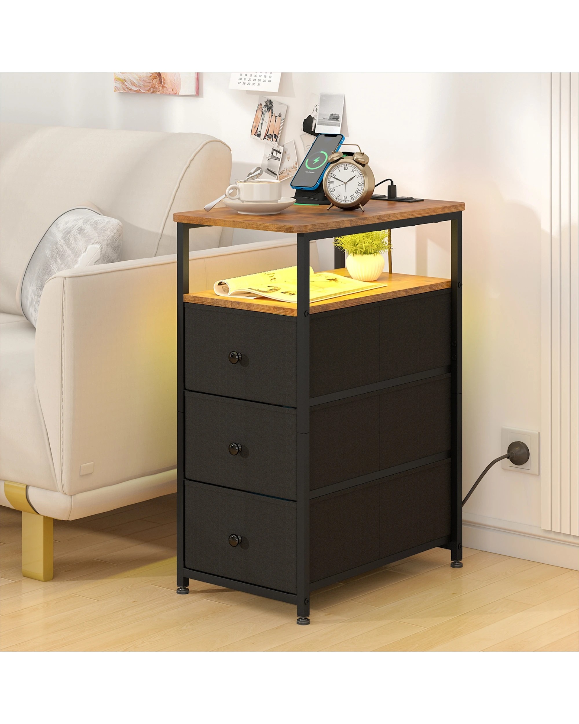 2 Advwin LED End Table Sofa Side Table with Charging Station and Drawers Narrow Bedside Table, 2 of 10