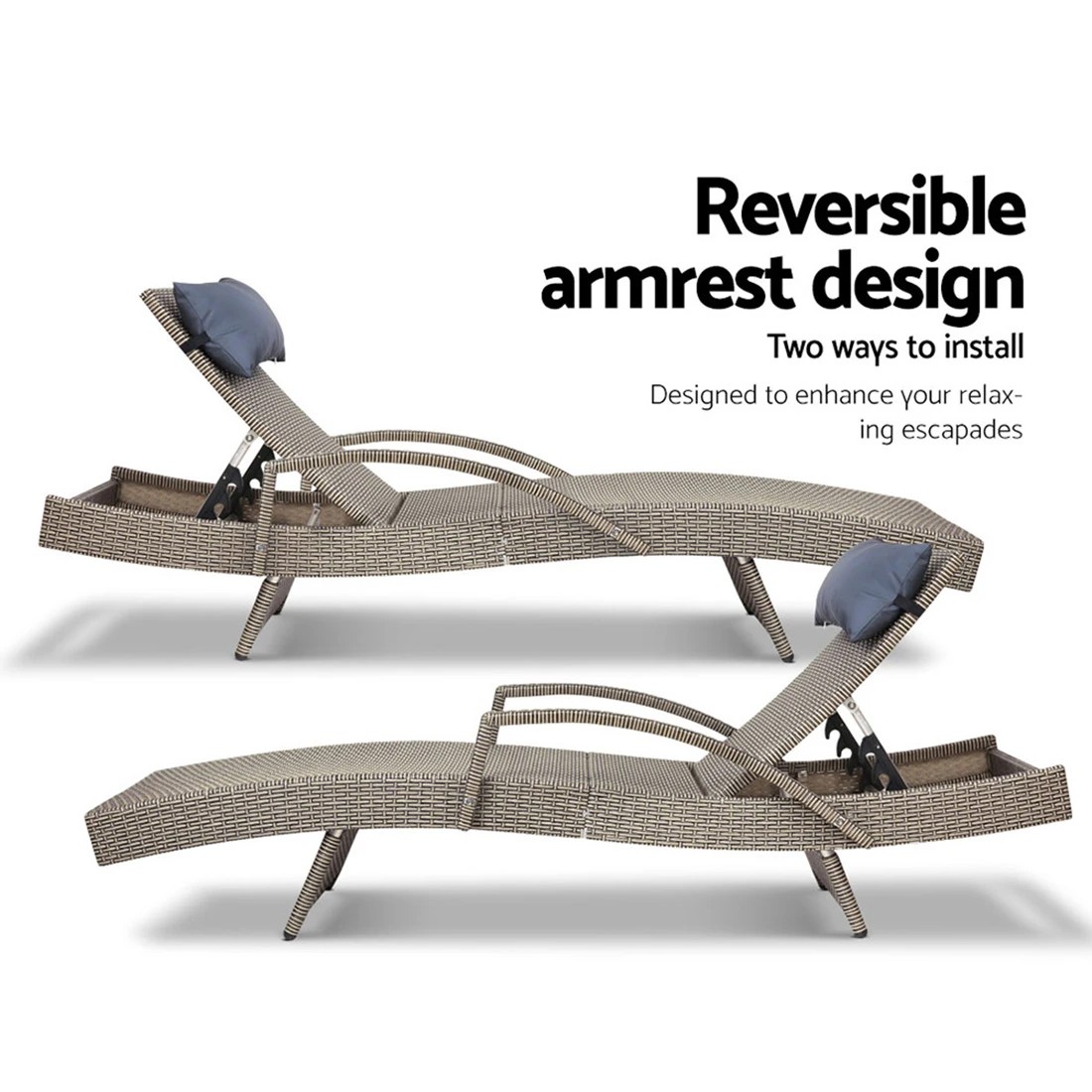 6 Gardeon 2x Sun Lounge Wicker Lounger Outdoor Furniture Beach Armchair - Grey, 6 of 7
