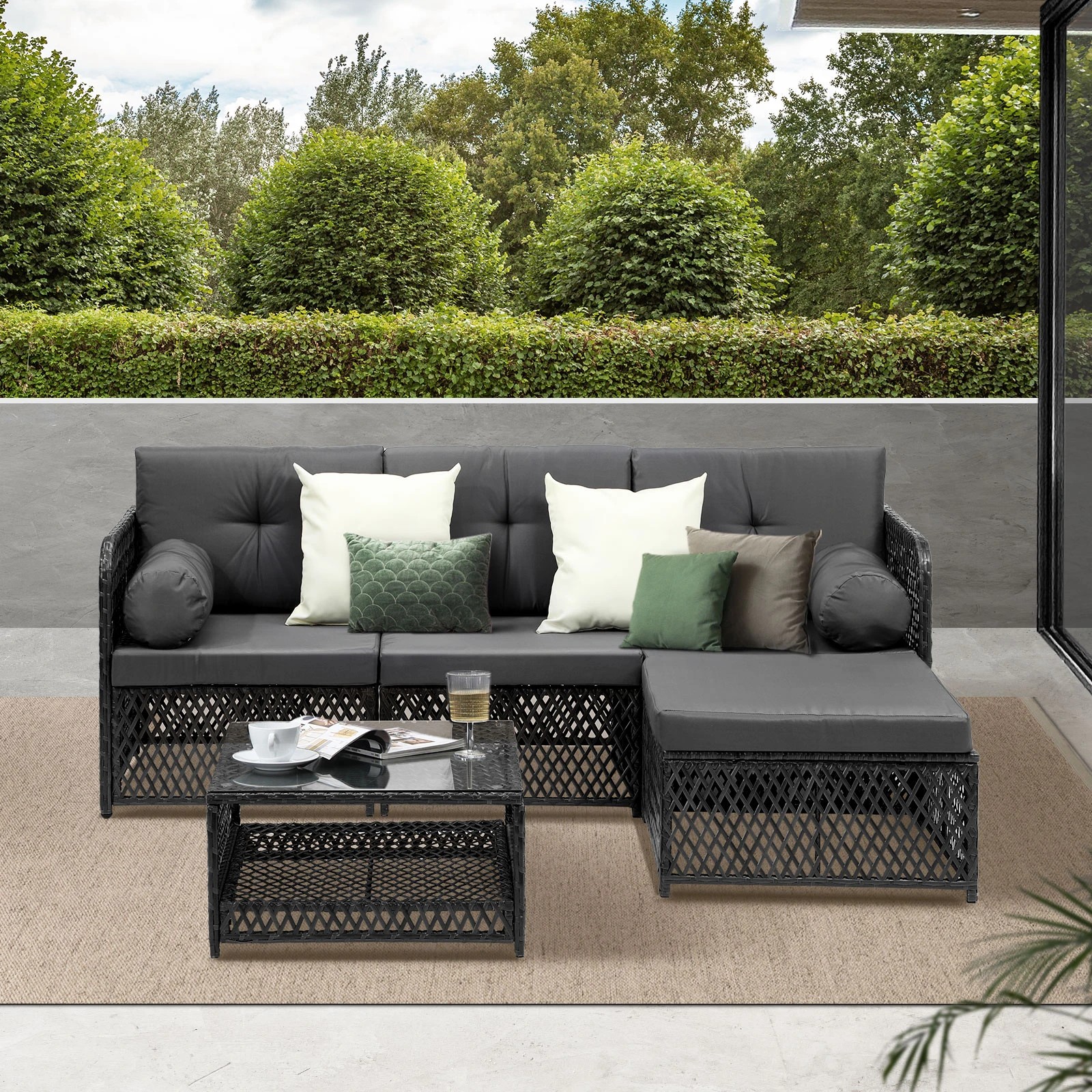 4 Livsip Outdoor Sofa Set 4 Seater Wicker Lounge Setting - Black, 4 of 8