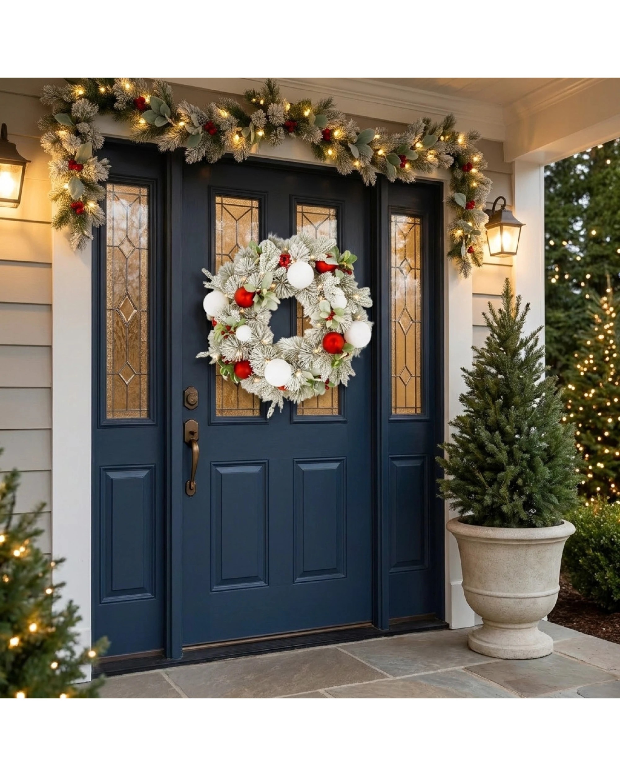 5 Christabelle 61cm Snowy Elegance Pre-Lit Christmas Wreath - Warm White LEDs, Red & White Baubles - White, 5 of 10
