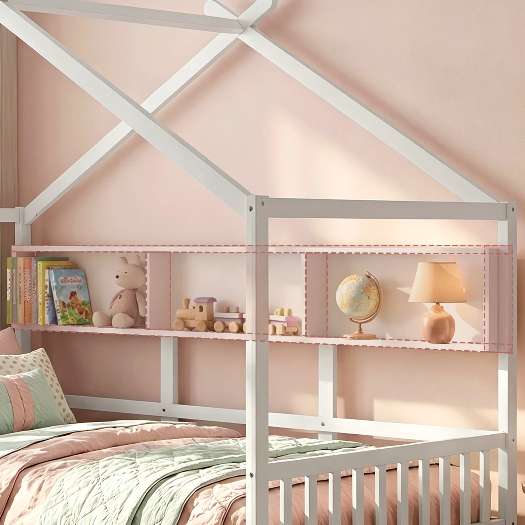 6 Artiss Kids Bed Frame with 3 Storage Bookcase & 2 Drawers House Bed Solid Wood Montessori Bed Easy - Single Bed - White, 6 of 10