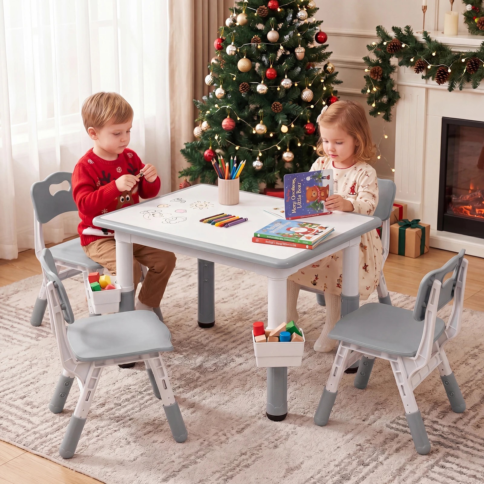 4 Costway Kids Table & 4 Chairs Set Height Adjustable Desk Activity Art Study - Grey, 4 of 4