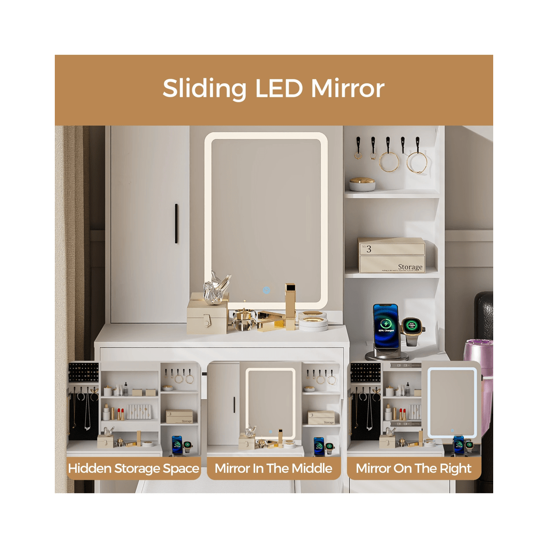 3 Advwin Dressing Table Stool Set With Mirror Led Lights Jewelry Armoire, 3 of 10