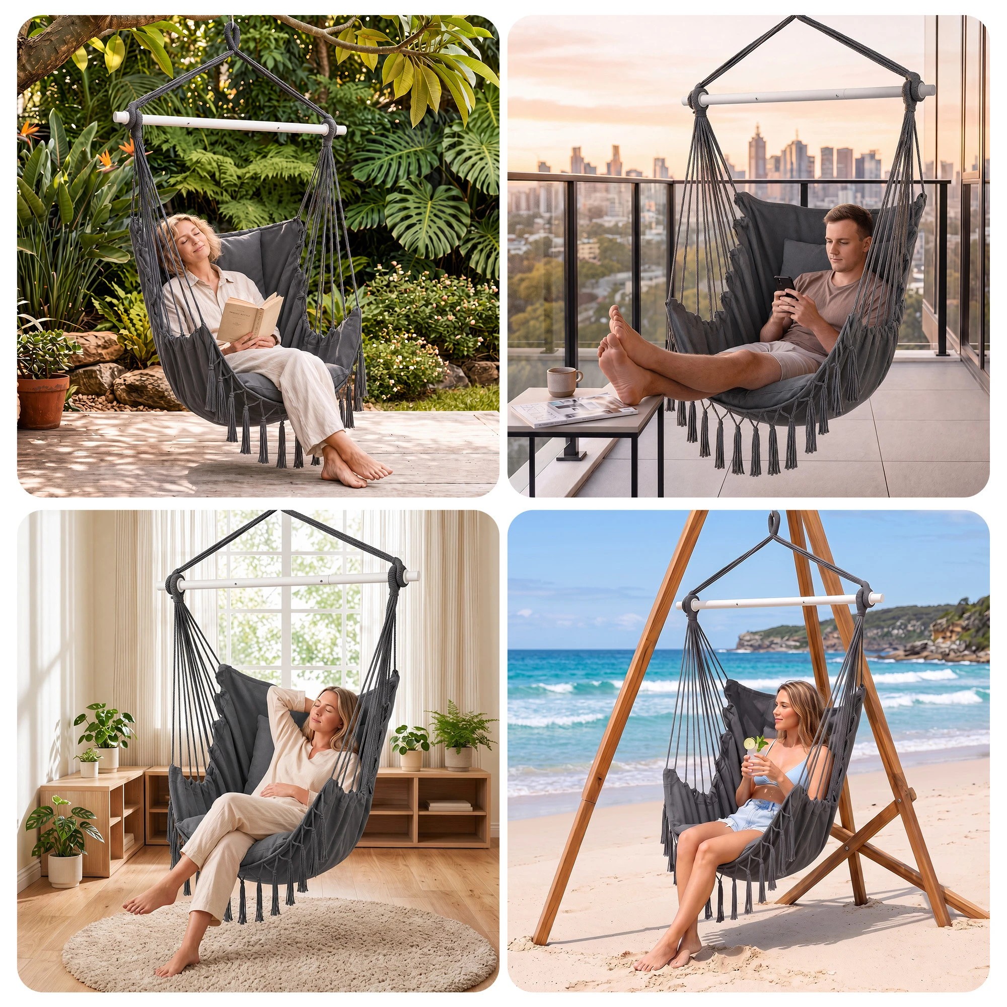 8 Gardeon Hammock Chair Camping Macrame Hanging Swing with Cushions Tassels 120kg Capacity - Grey, 8 of 8