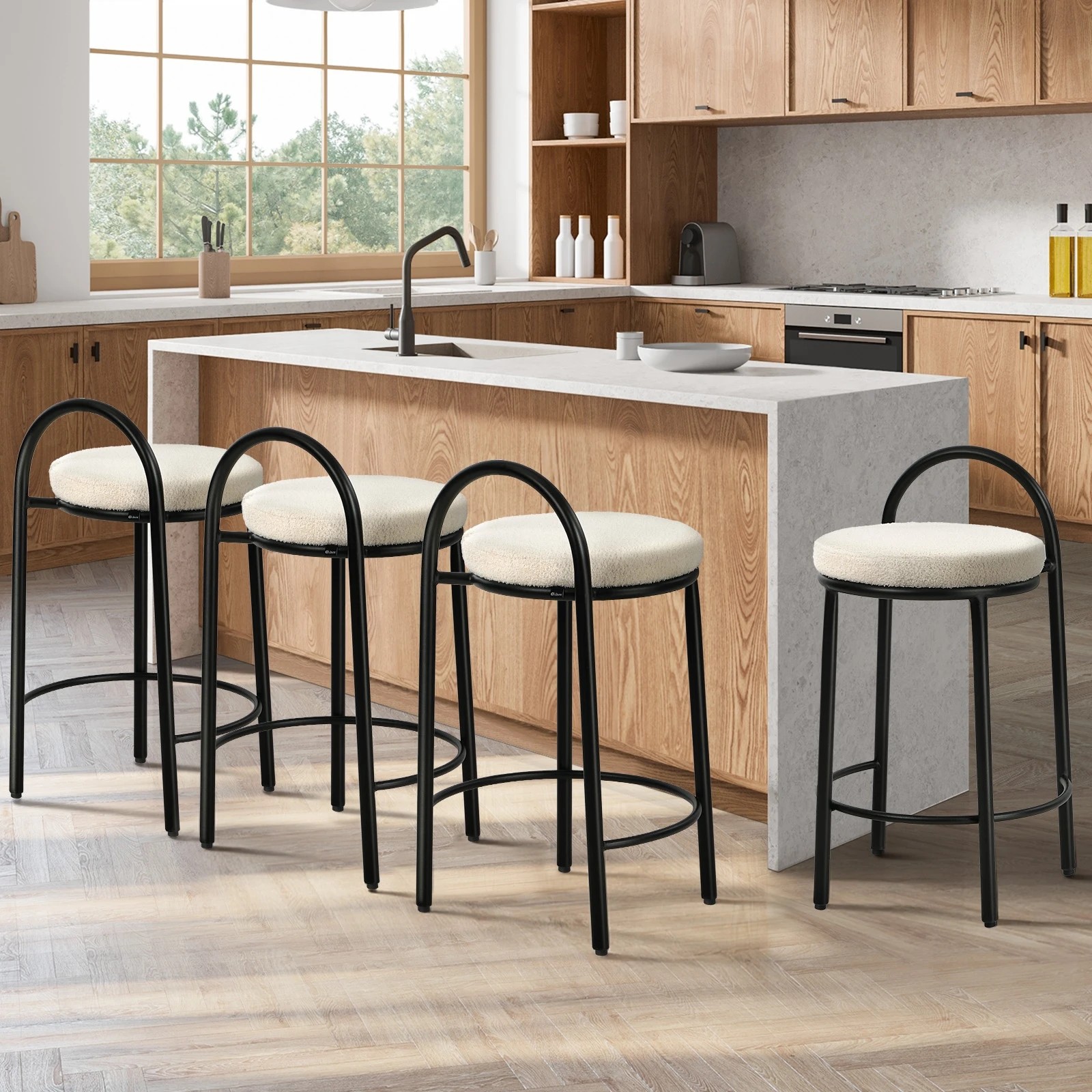 3 Oikiture 4x Bar Stools Dining Chairs Round Counter Seat Boucle - White, 3 of 9