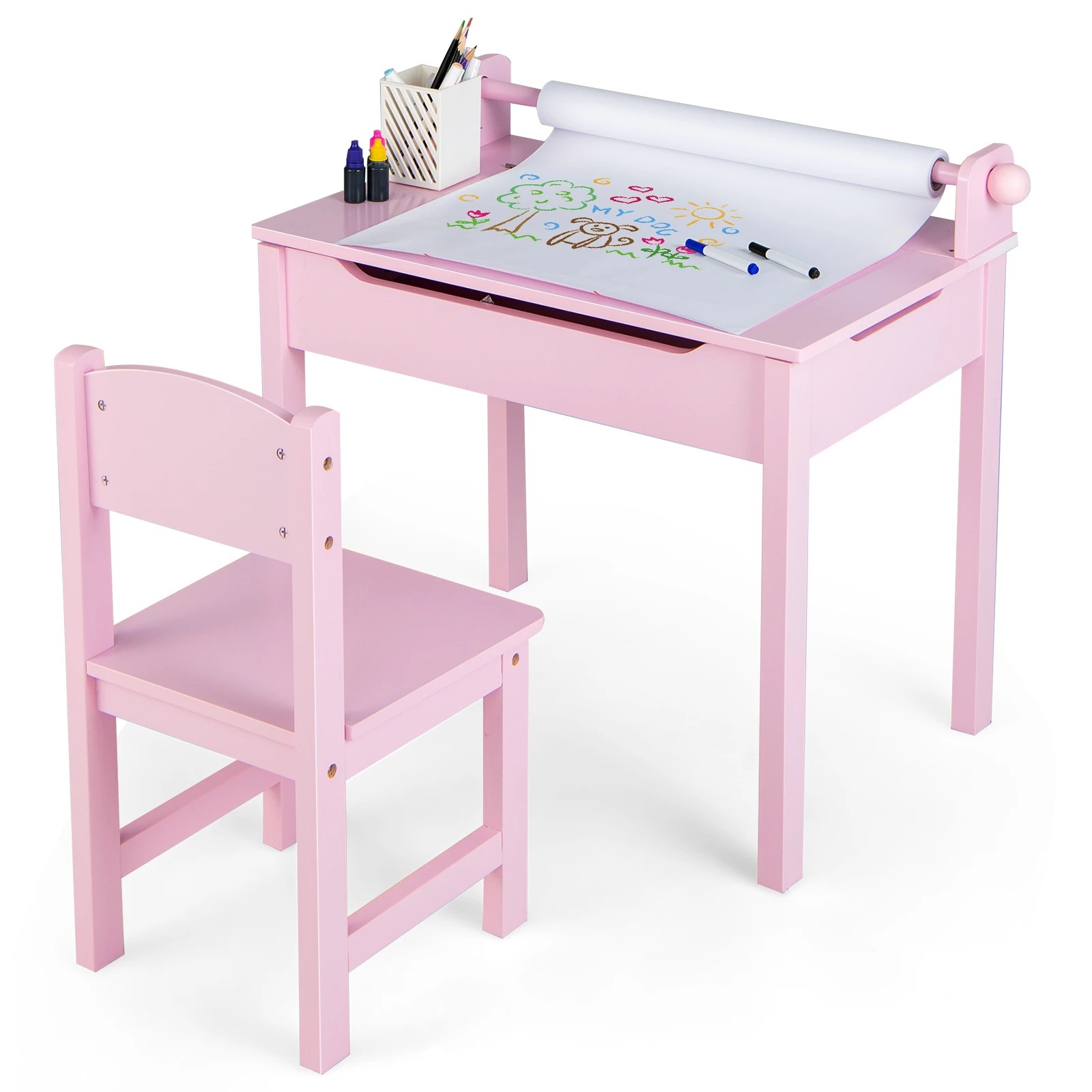 1 Costway Art Table Set Lift-Top Toddle Craft Table Chair Set w/Paper Roll - Pink, 1 of 3