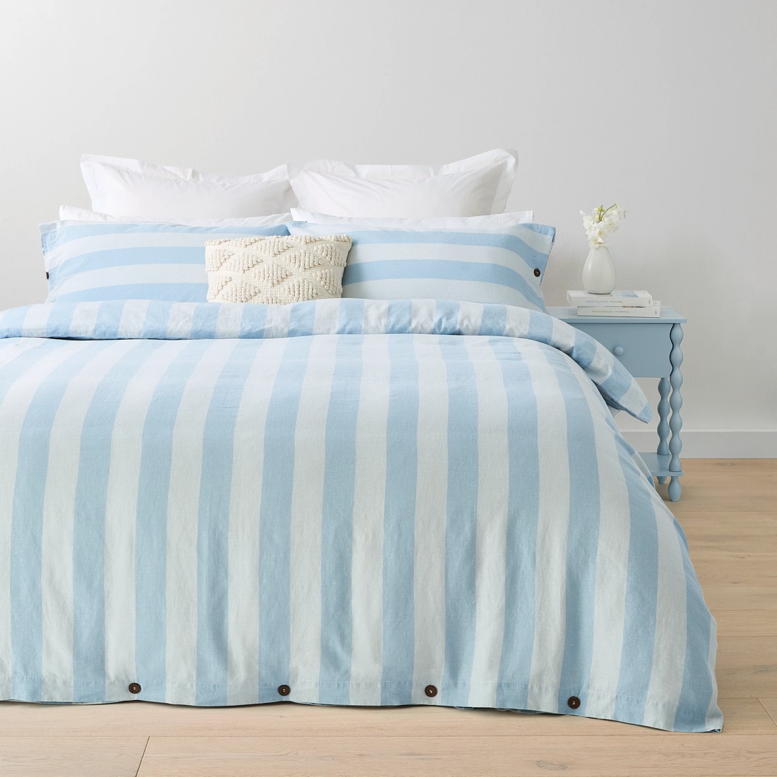1 Stripe Linen Cotton Quilt Cover Set - Queen Bed, Blue, 1 of 7