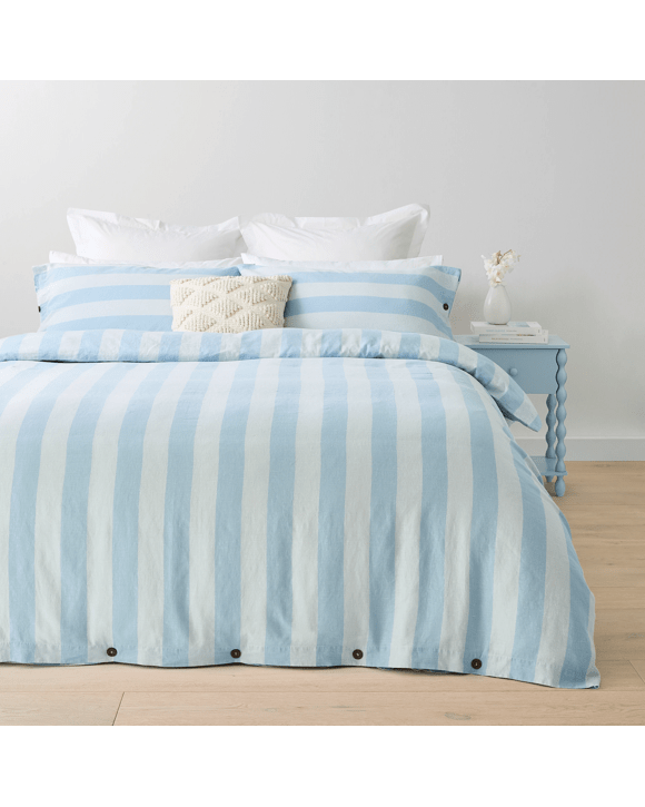 Stripe Linen Cotton Quilt Cover Set - Queen Bed, Blue