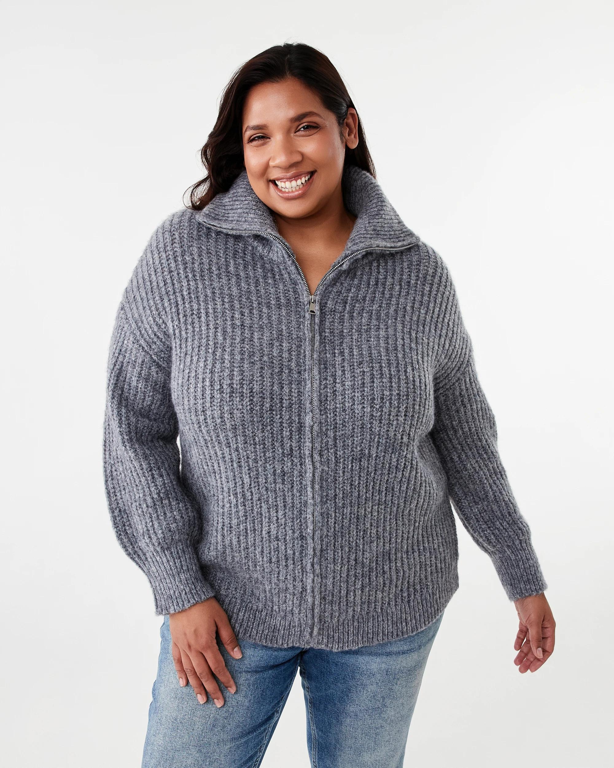2 Curve Long Sleeve Chunky Knit Zip Through Sweatshirt Gry Chmrle, 2 of 7