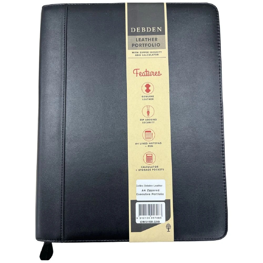 1 Collins Debden A4 Leather Zippered Executive Portfolio Black, 1 of 3