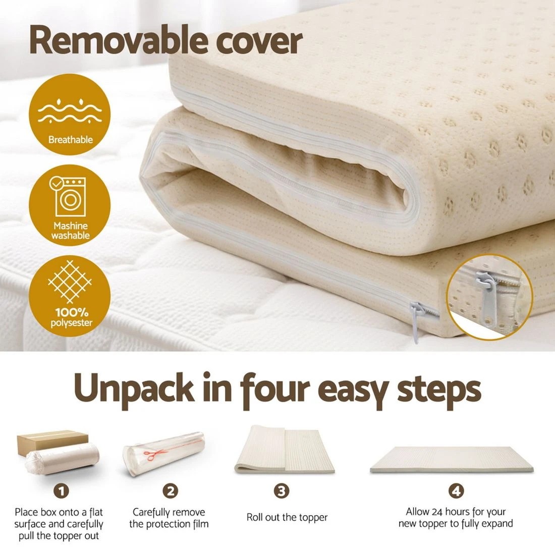 8 Giselle Bedding Latex Mattress Topper 7.5cm King Single - King Single Bed - Beige, 8 of 8