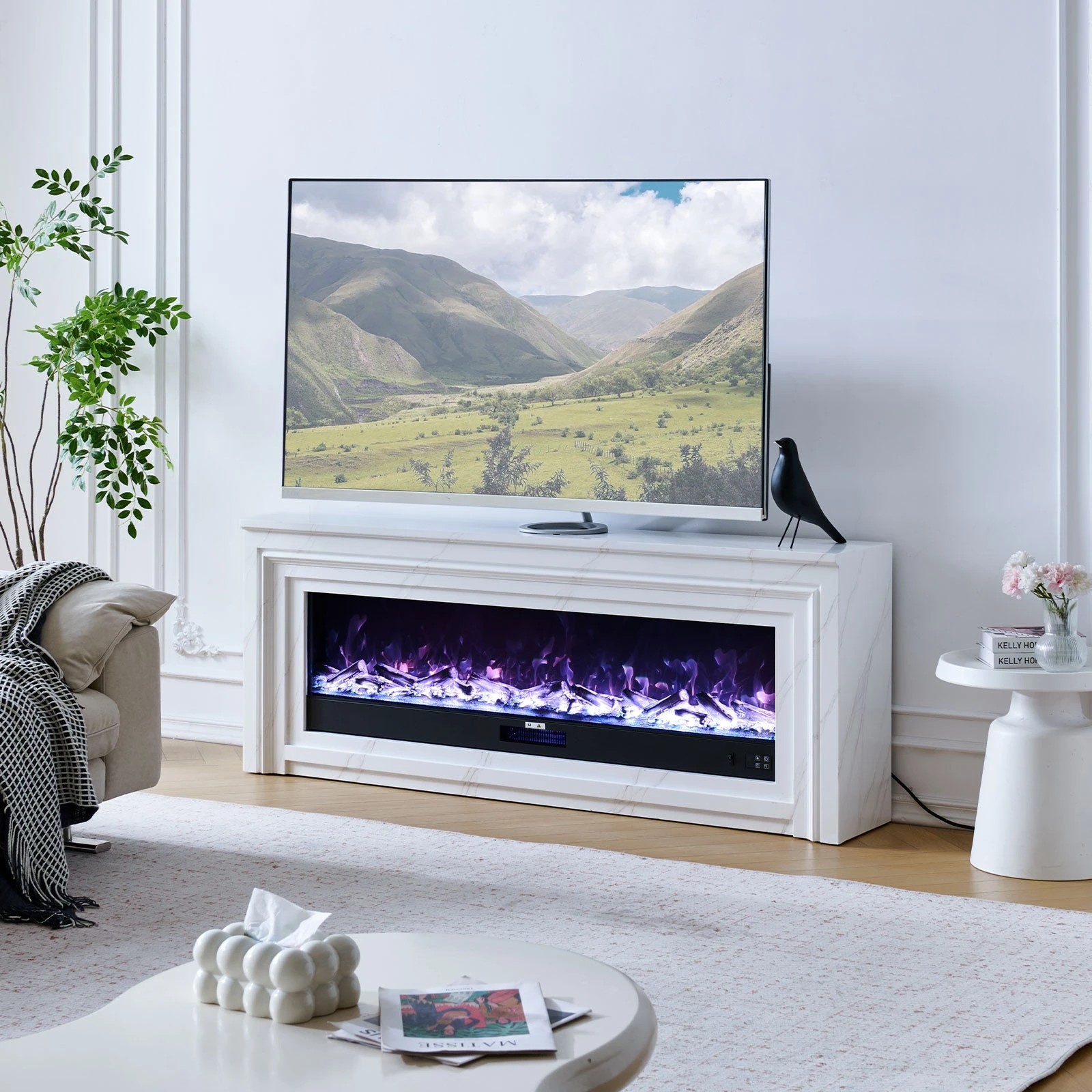 3 Moda Living Valence 60 inch Electric Fireplace with White Mantel Suite - White, 3 of 9