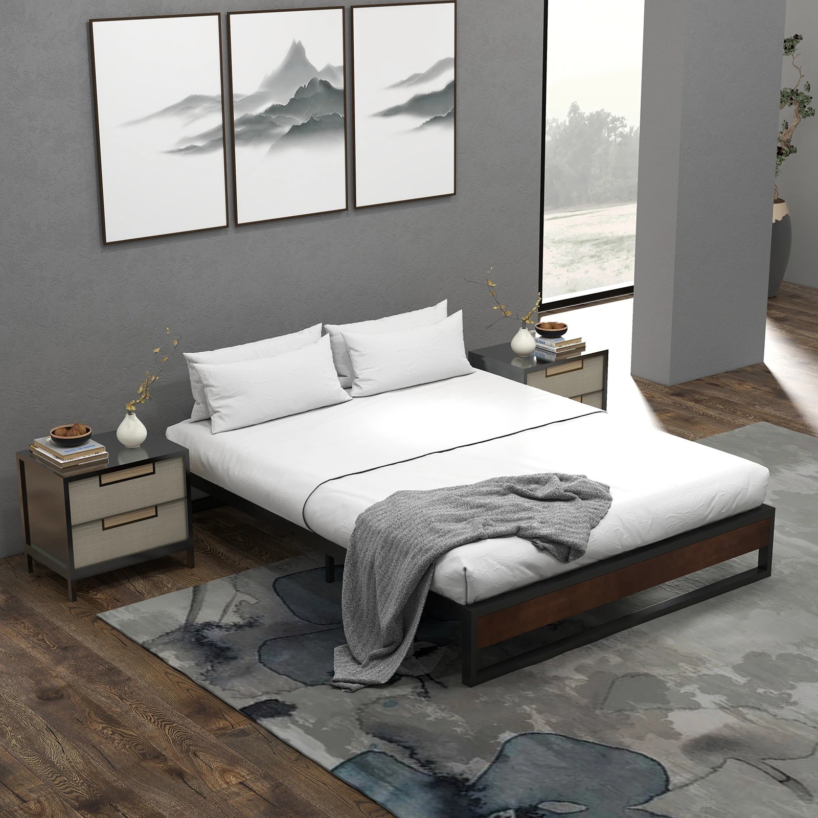 9 Milano Décor Sorrento Metal Wood Bed Frame Mattress Base Platform Modern - Black, 9 of 10