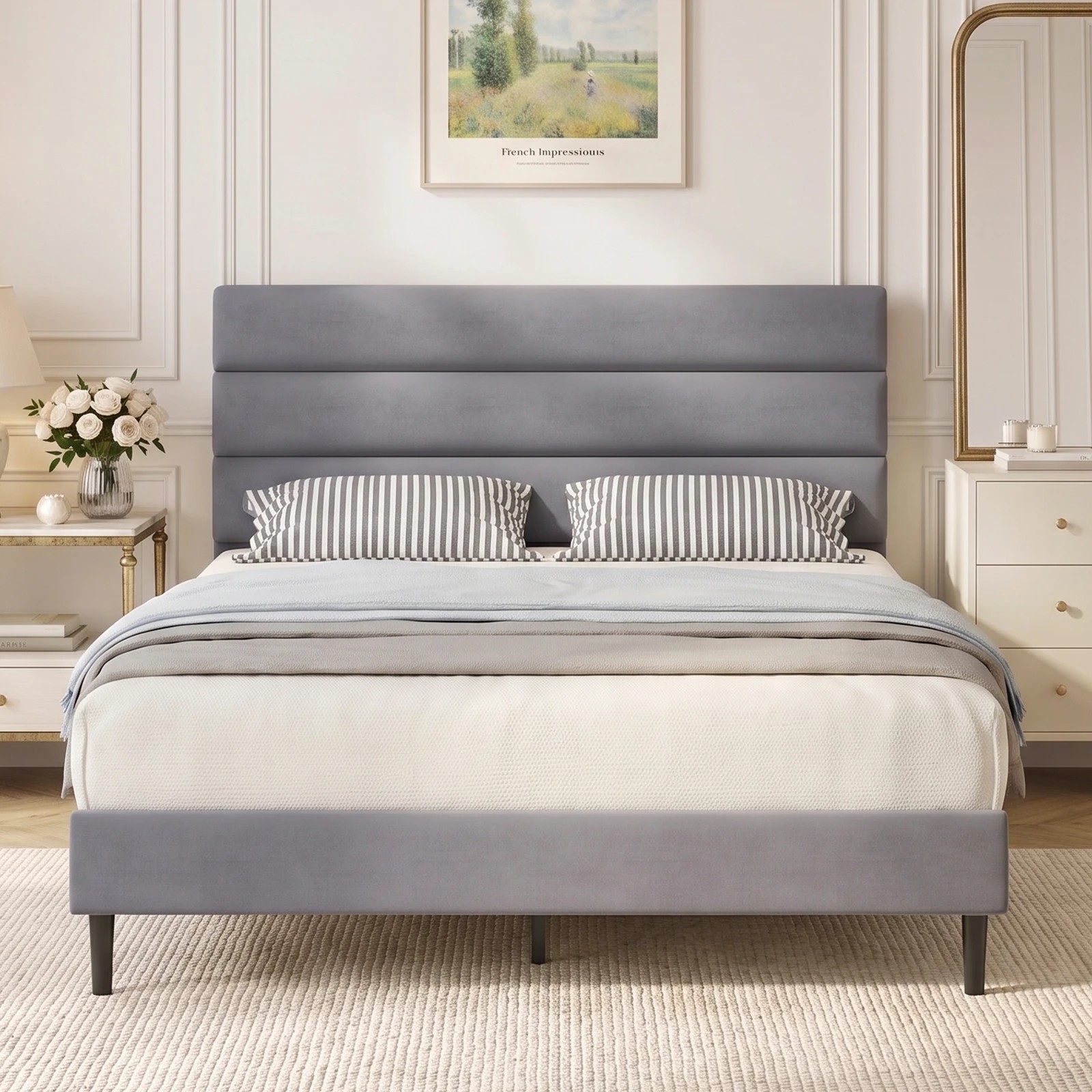 2 Advwin Queen Velvet Upholstered Bed Frame with Wooden Slats - Grey, 2 of 7