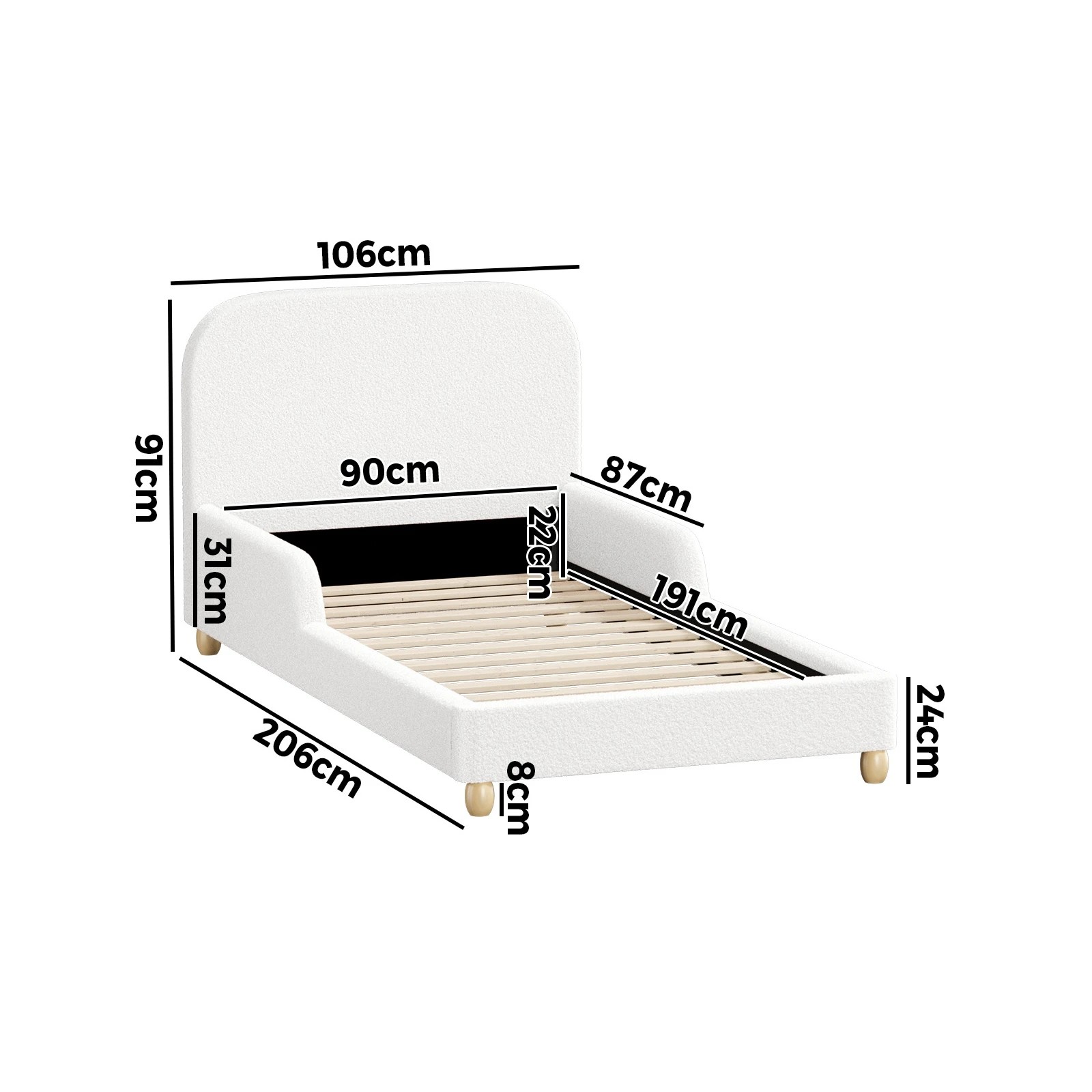 2 Oikiture Kids Bed Frame Single Size with Side Guard Rails Boucle - White, 2 of 10