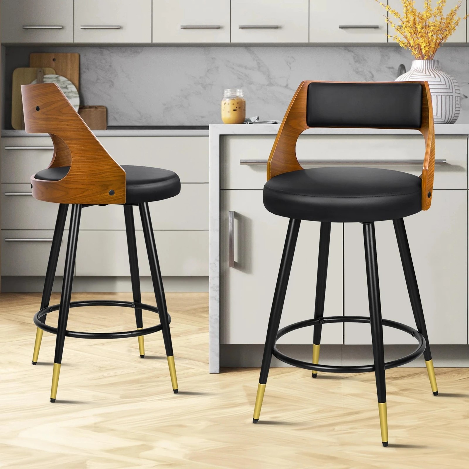 3 Alfordson 2x Swivel Bar Stools Morgan Kitchen Wooden Dining Chair - Black, 3 of 10