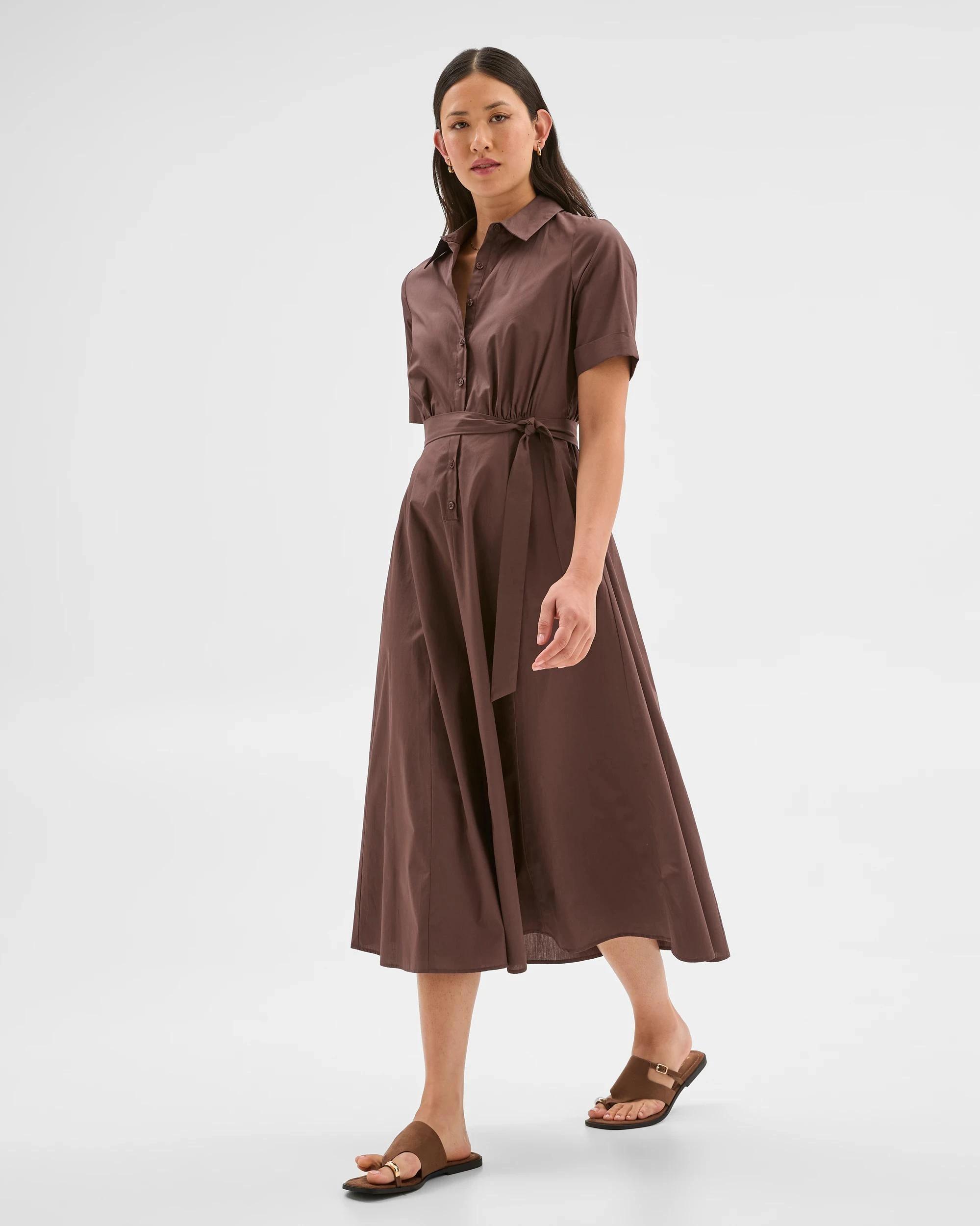 2 Australian Cotton Midi Shirt Dress - Preview LIGHT CHOCOLATE, 2 of 7