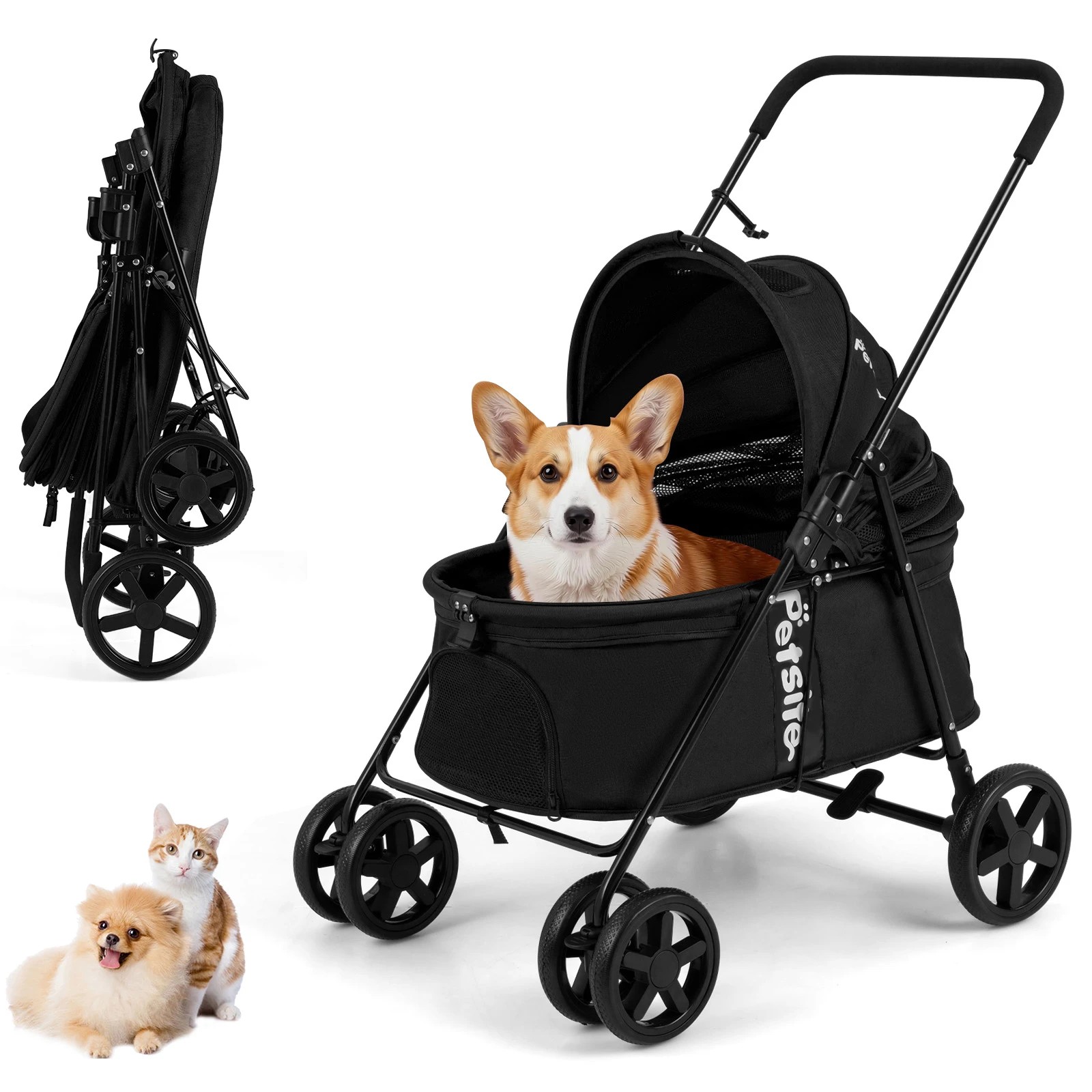 5 Costway Foldable Pet Stroller Portable Pet Travel Cart w/Double-Sided Canopy - Black, 5 of 6