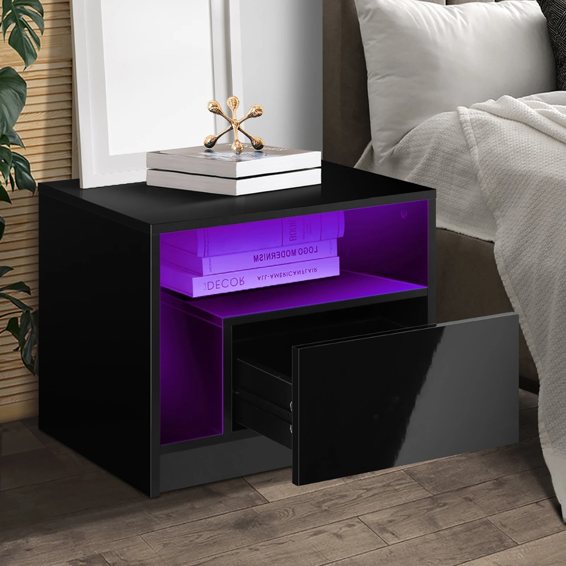5 Oikiture Bedside Tables Rgb Led Drawers High Gloss Nightstand
 - Black, 5 of 10