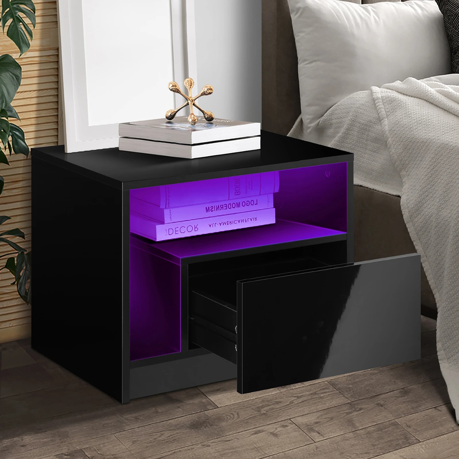 5 Oikiture Bedside Tables Rgb Led Drawers High Gloss Nightstand
 - Black, 5 of 10