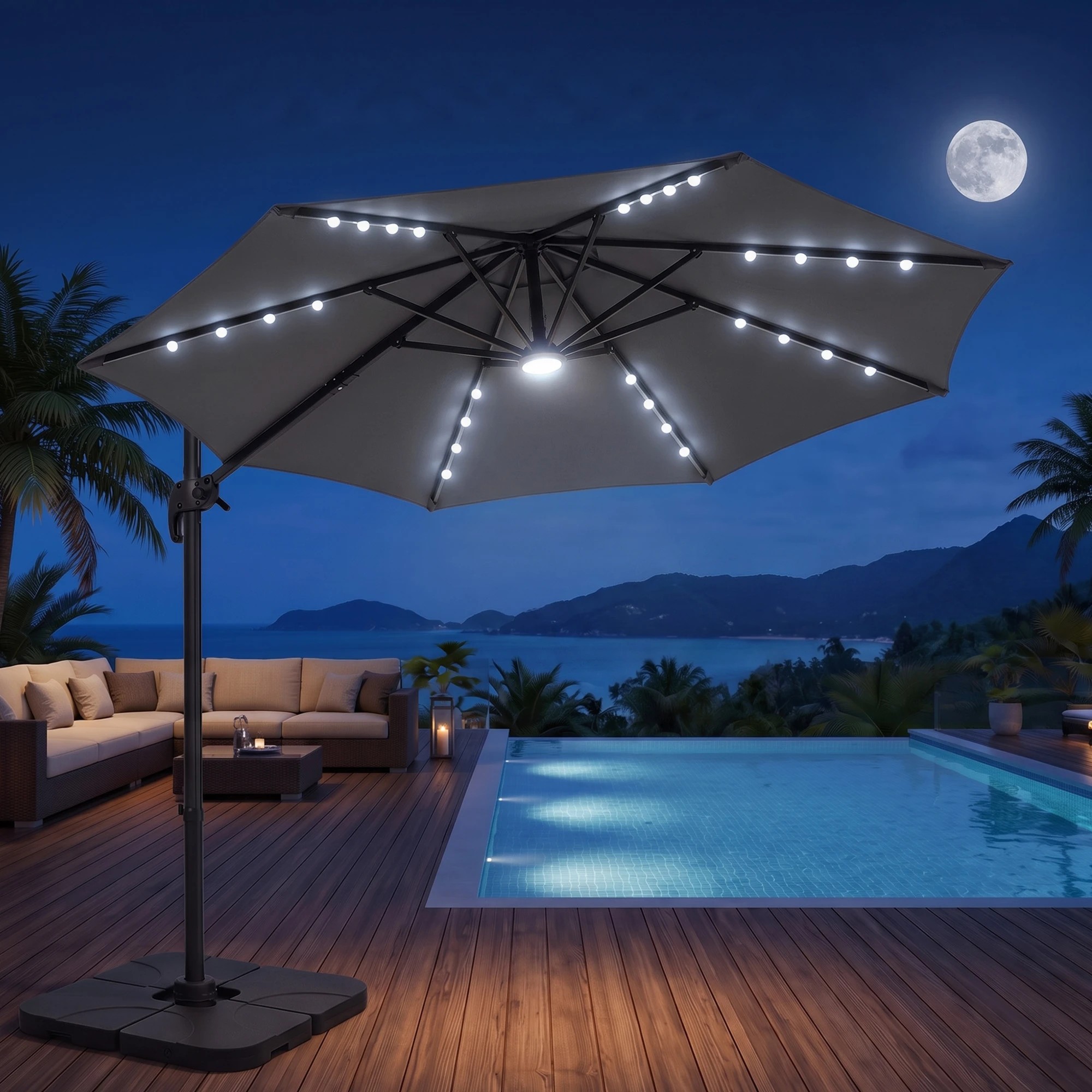 4 Instahut Outdoor Umbrella 3m Solar LED Offset Cantilever Patio Parasol - Charcoal, 4 of 10