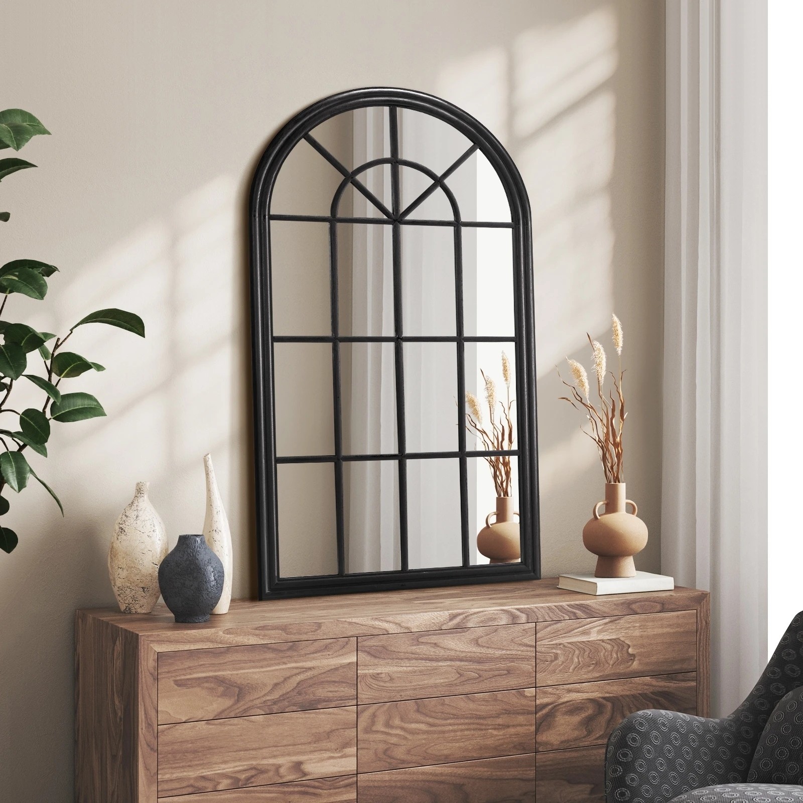 2 Oikiture Window Mirror Arched Wall Mirrors Decor 76x51cm Wooden
 - Black, 2 of 9