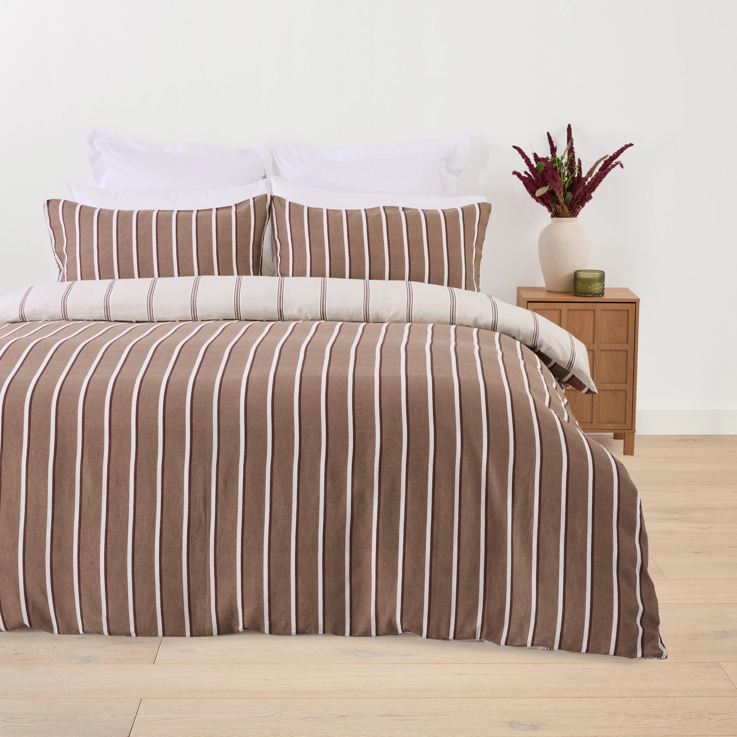 3 Stripe Linen Cotton Reversible Quilt Cover Set - Queen Bed, Mocha, 3 of 9