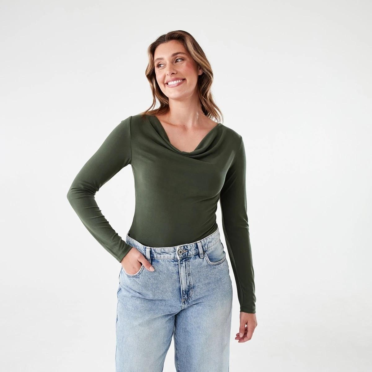 1 Long Sleeve Drape Cowl Neck Top OLIVE LEAF, 1 of 6