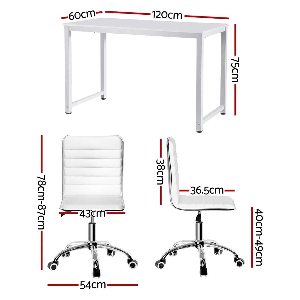 2 Artiss Computer Desk 120cm Executive Office Chairs Set PU Leather Low Back - White, 2 of 6
