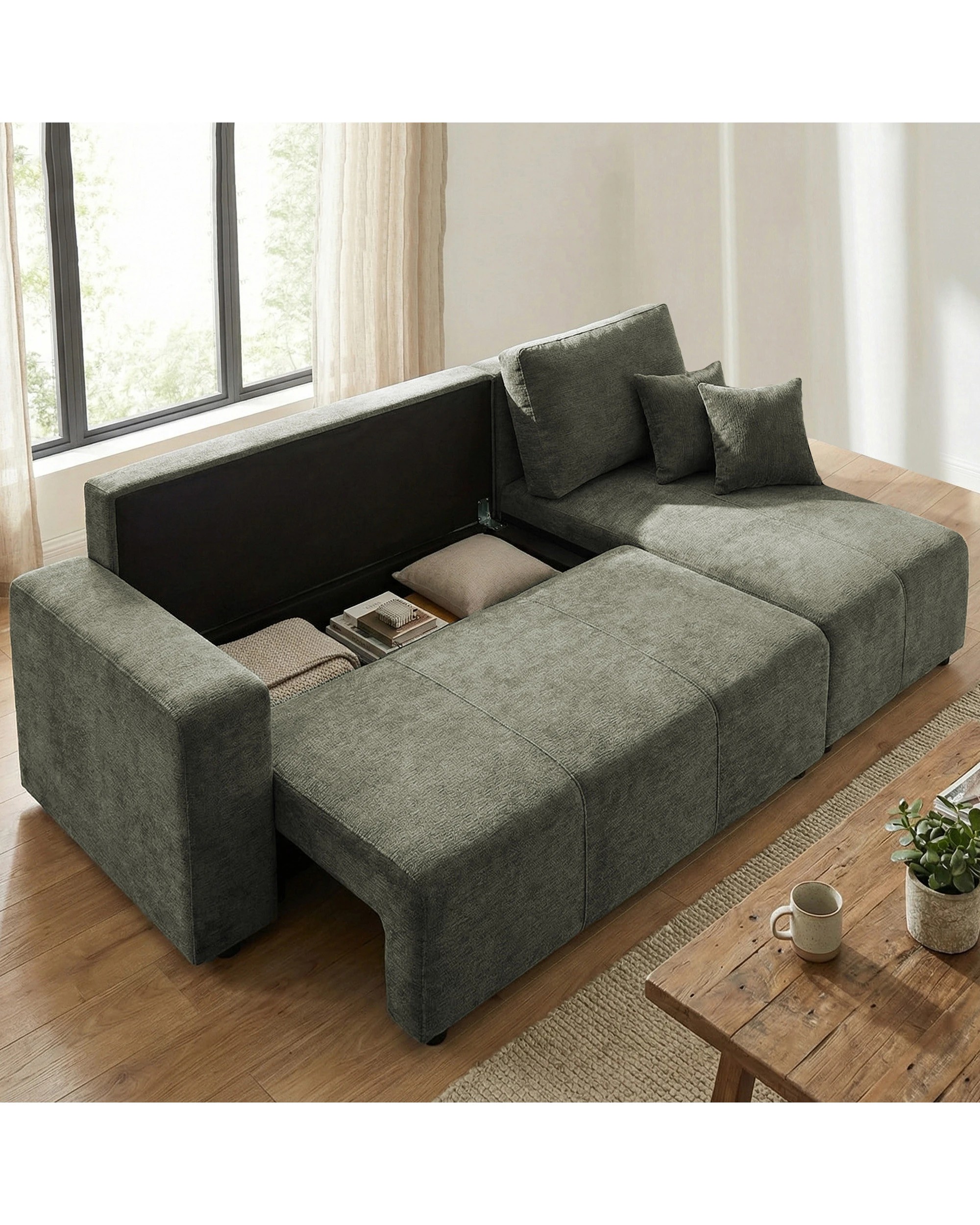 2 Sarantino Caliana Reversible L Shape Sofa Bed with Storage and Backrest - Green, 2 of 10