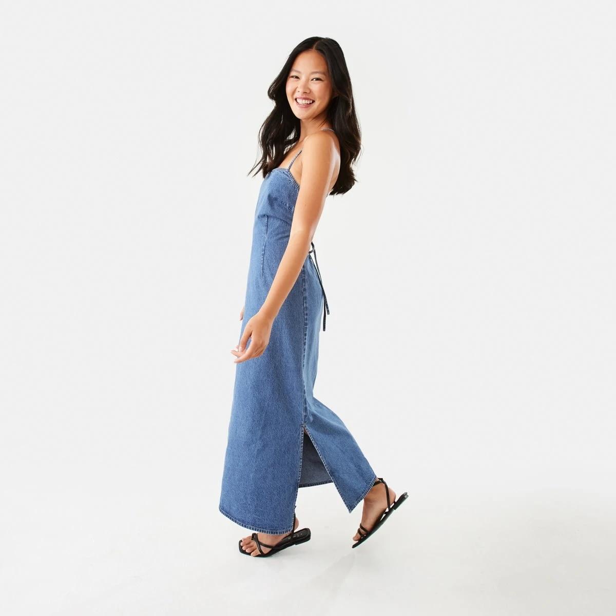 2 Sleeveless Denim Slip Midi Dress Mid Wash, 2 of 7