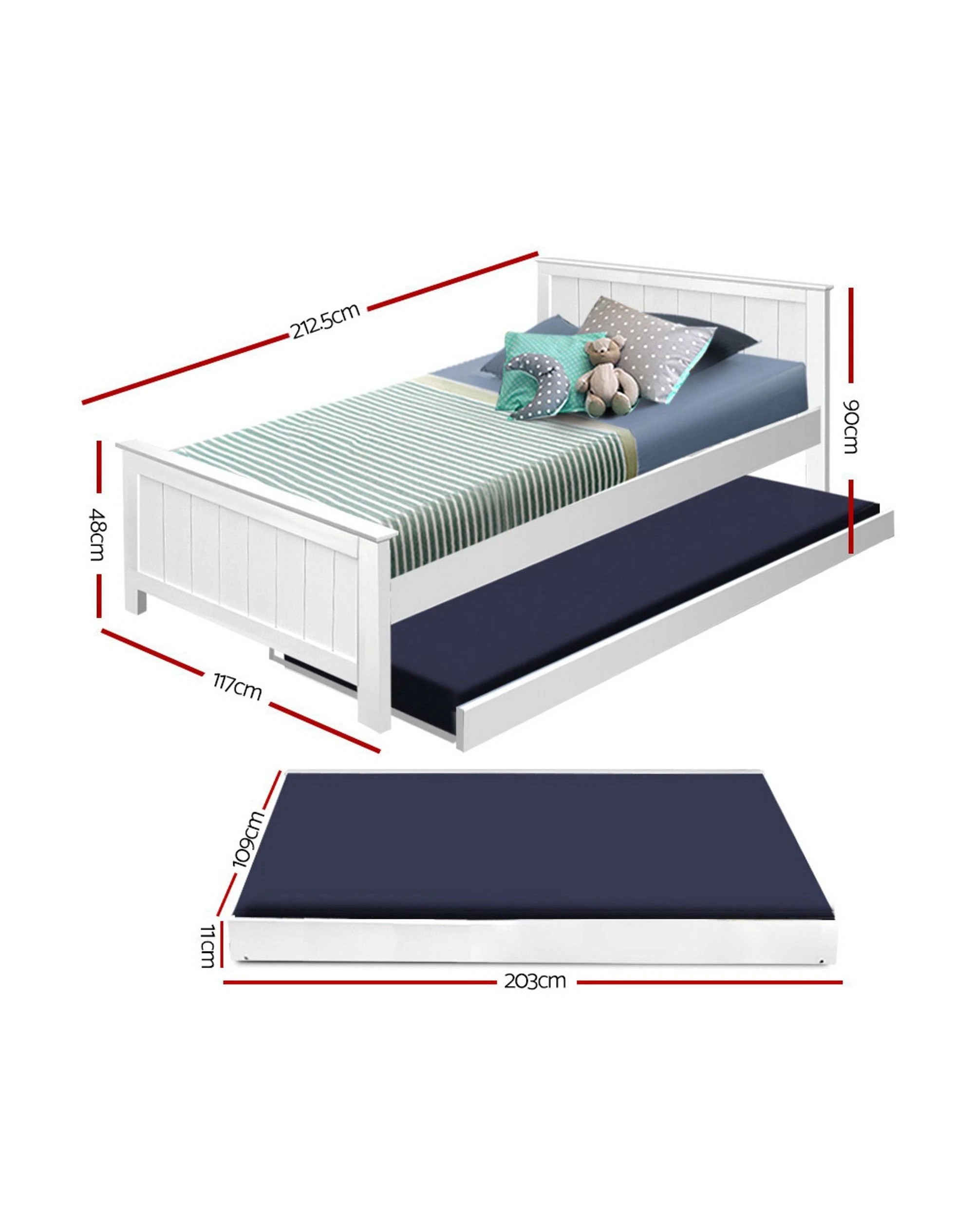 2 Artiss Bed Frame King Single Size Wooden Trundle Daybed  ELVIS - White, 2 of 8